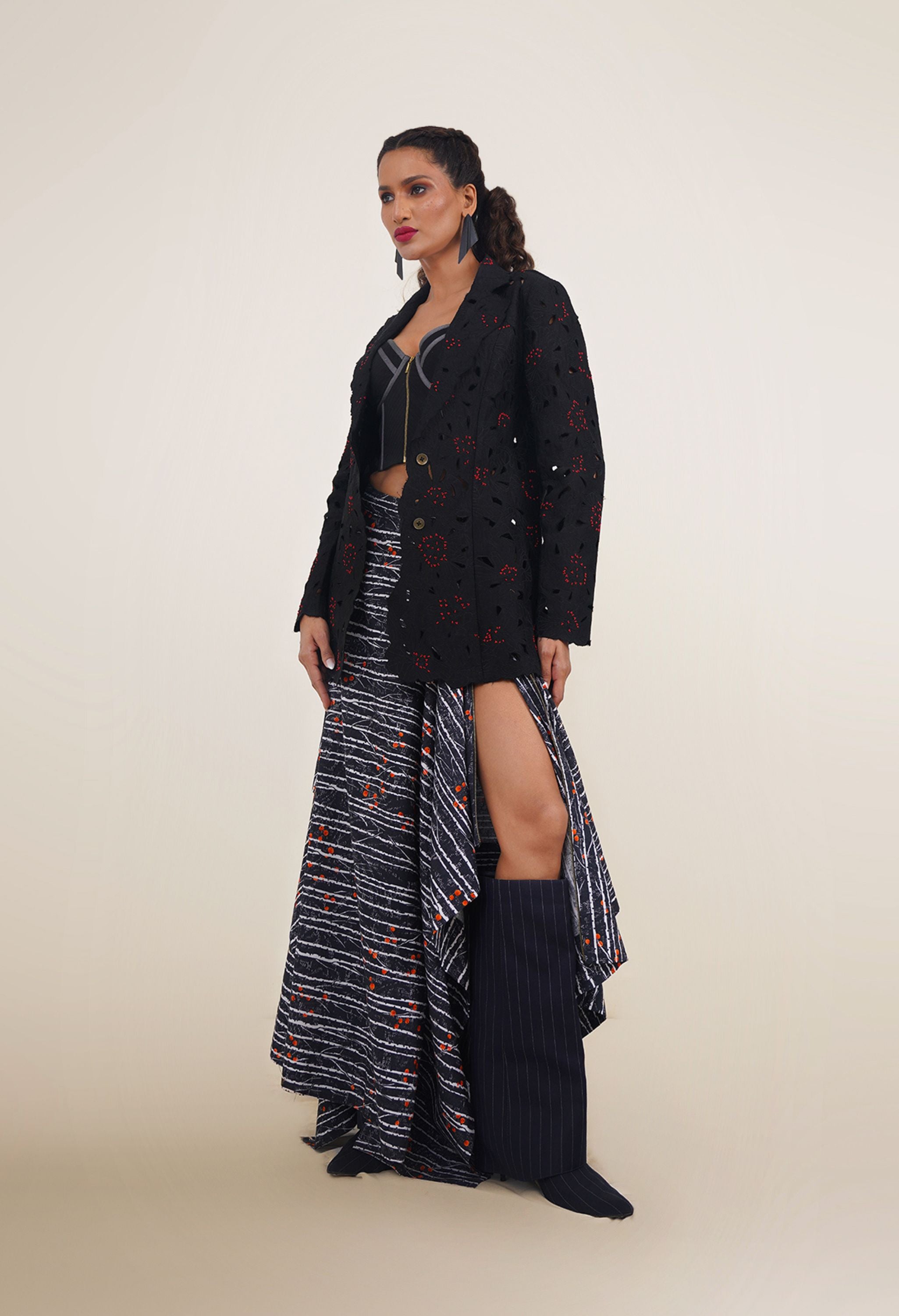 FLORAL CUTWORK JACKET WITH BUSTIER AND PRINTED DRAPED SKIRT