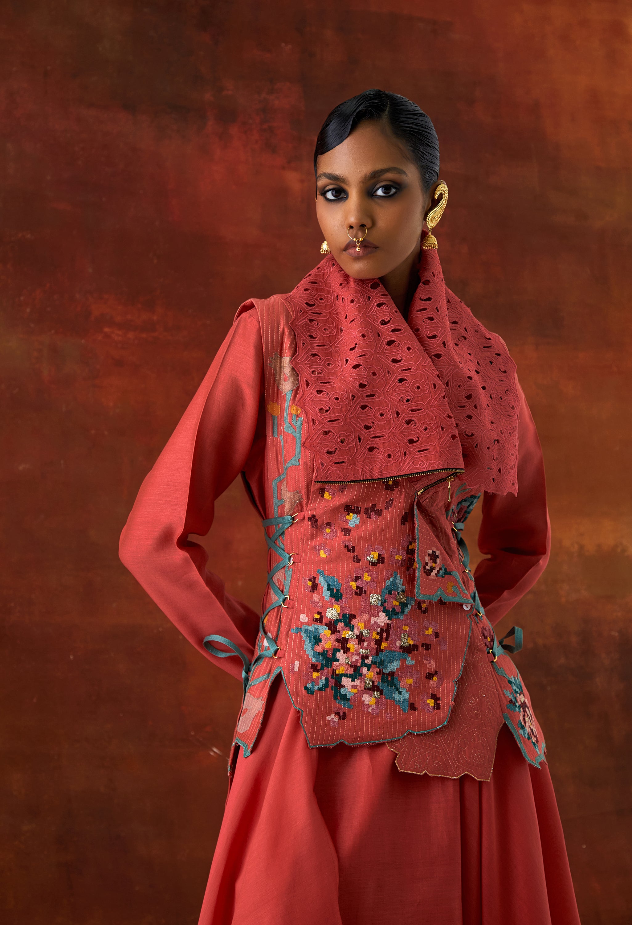 DRAPED COLLAR SIDE TIE UP JACKET WITH V NECK DRAPED KURTA AND PANTS
