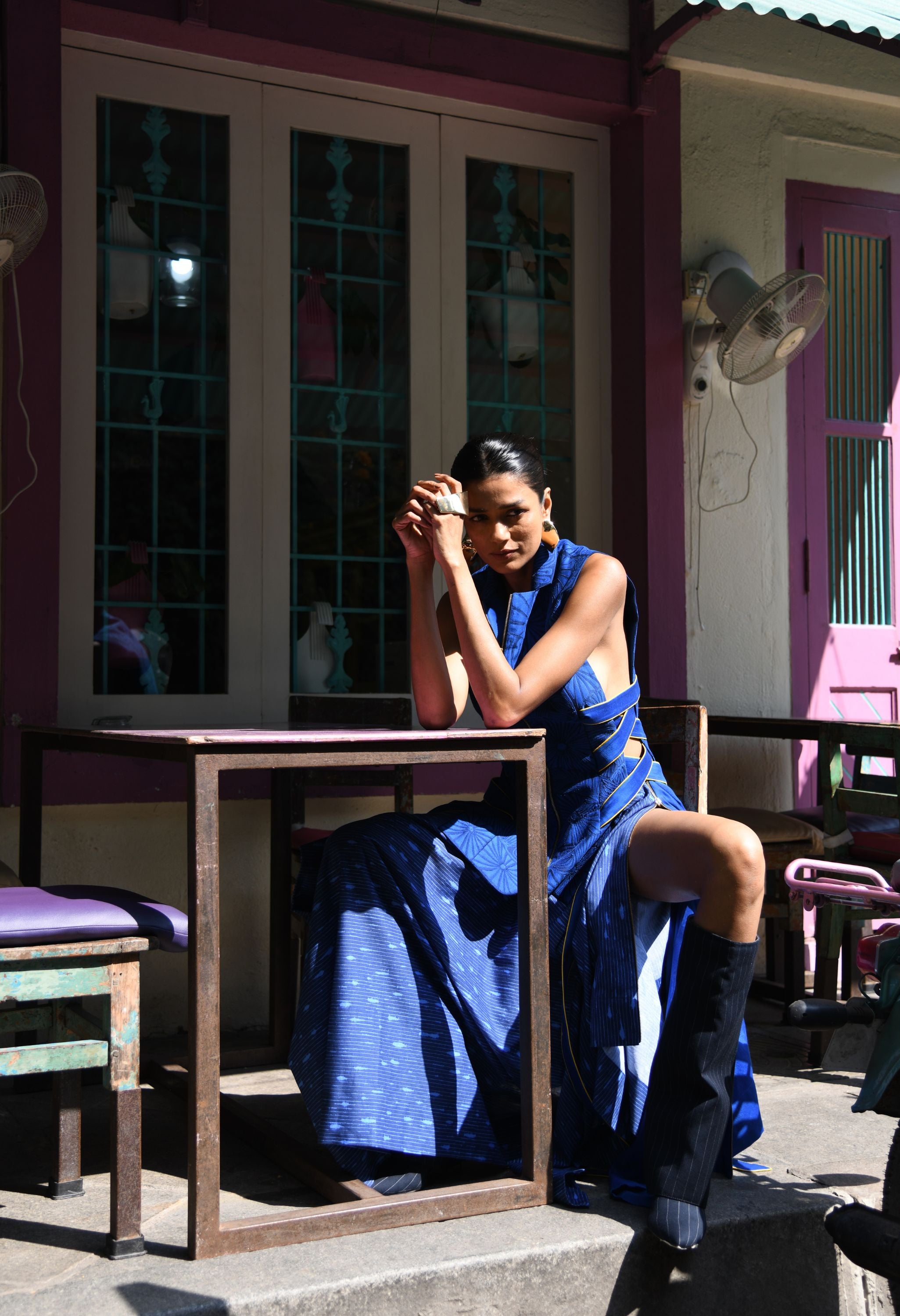 FLORAL TIE UP JACKET WITH DRAPED SKIRT