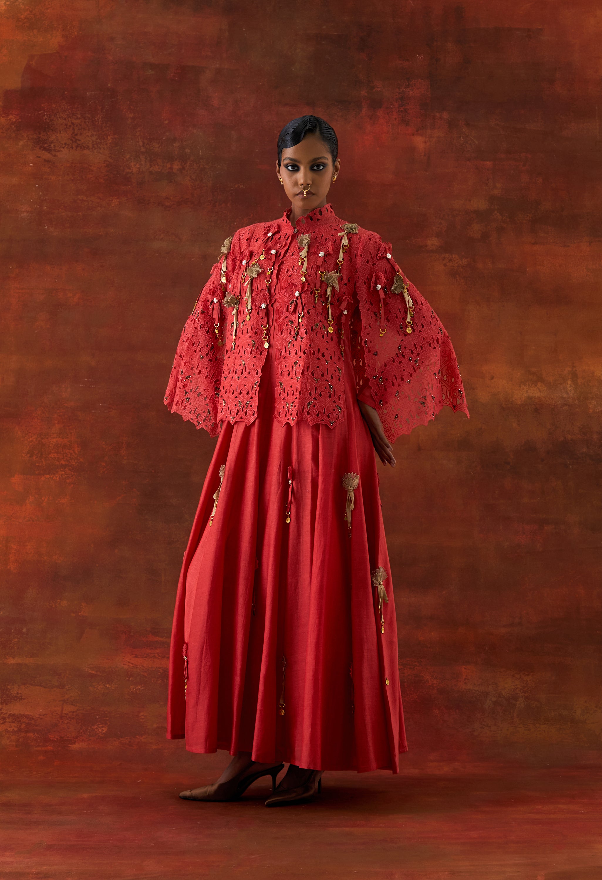 EMBROIDERED CUTWORK CAPE WITH 3D FLOWER KALIDAR