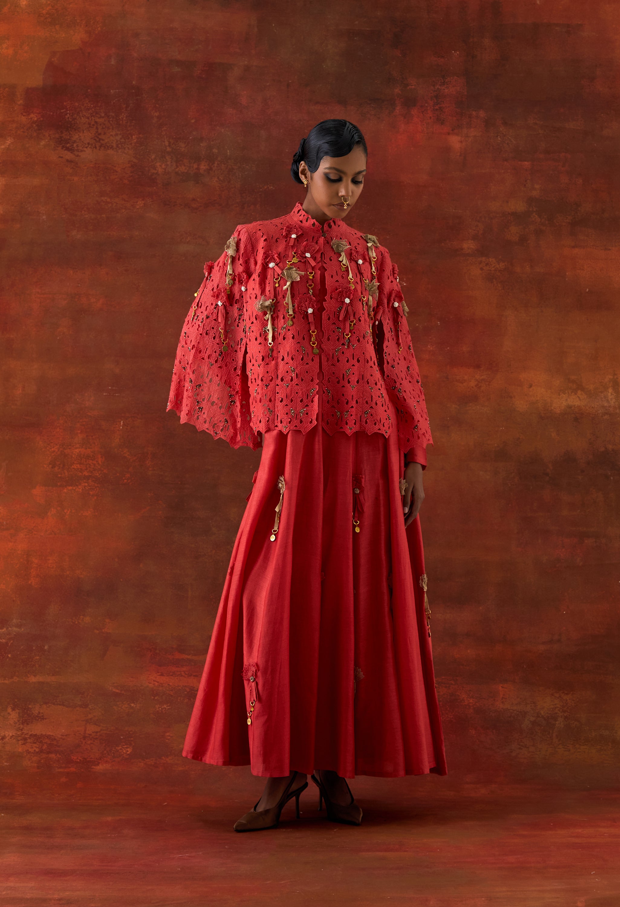 EMBROIDERED CUTWORK CAPE WITH 3D FLOWER KALIDAR