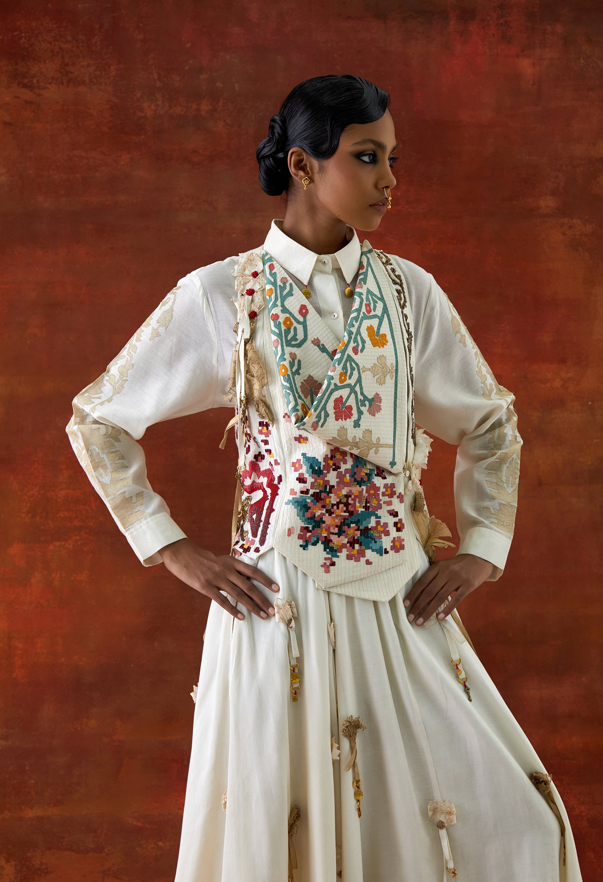 EMB ENGINEERED COWL RACER BACK JACKET + SHIRT WITH EMB BOOTA SLEEVES AND 3D FLOWER SKIRT