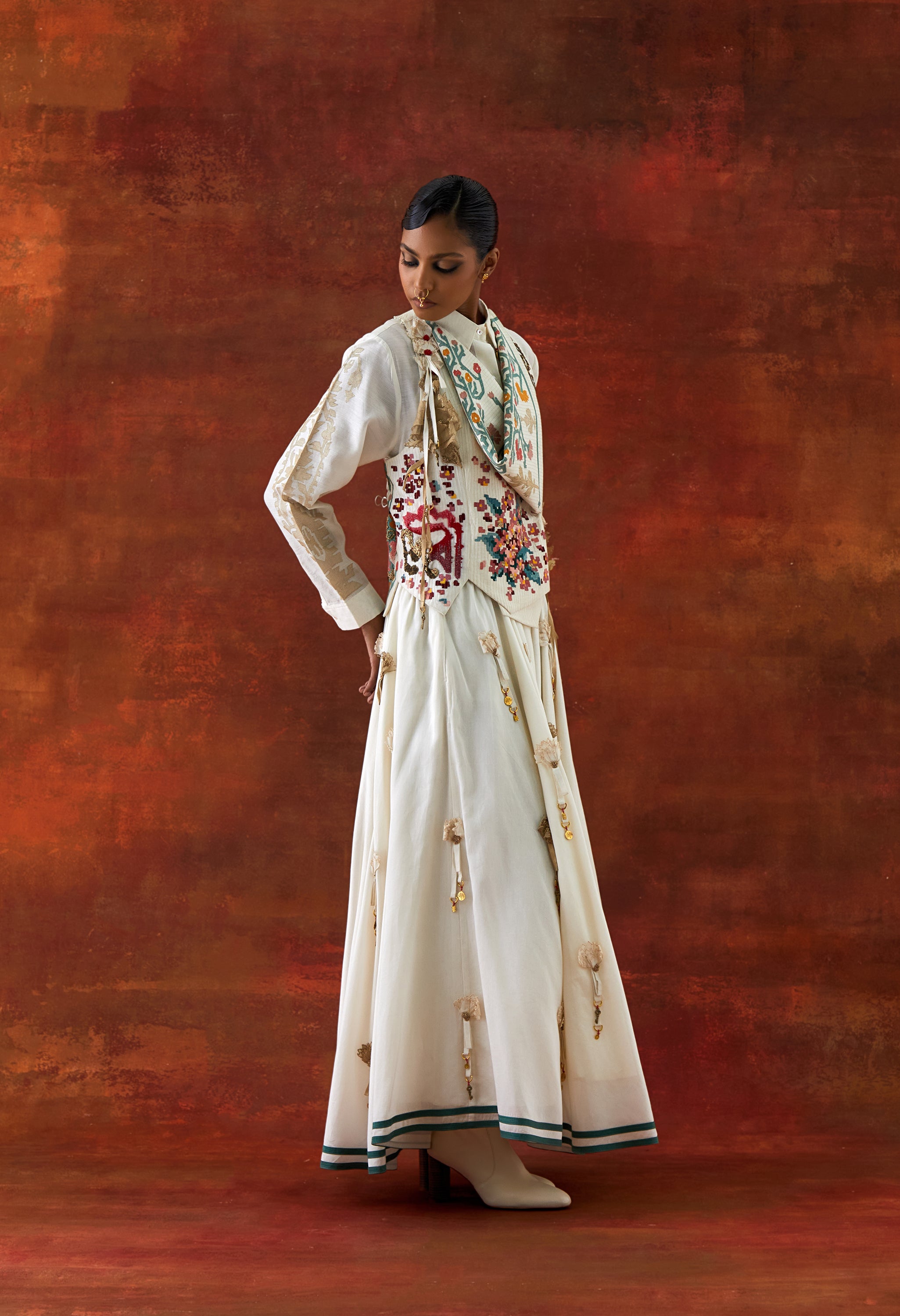 EMB ENGINEERED COWL RACER BACK JACKET + SHIRT WITH EMB BOOTA SLEEVES AND 3D FLOWER SKIRT