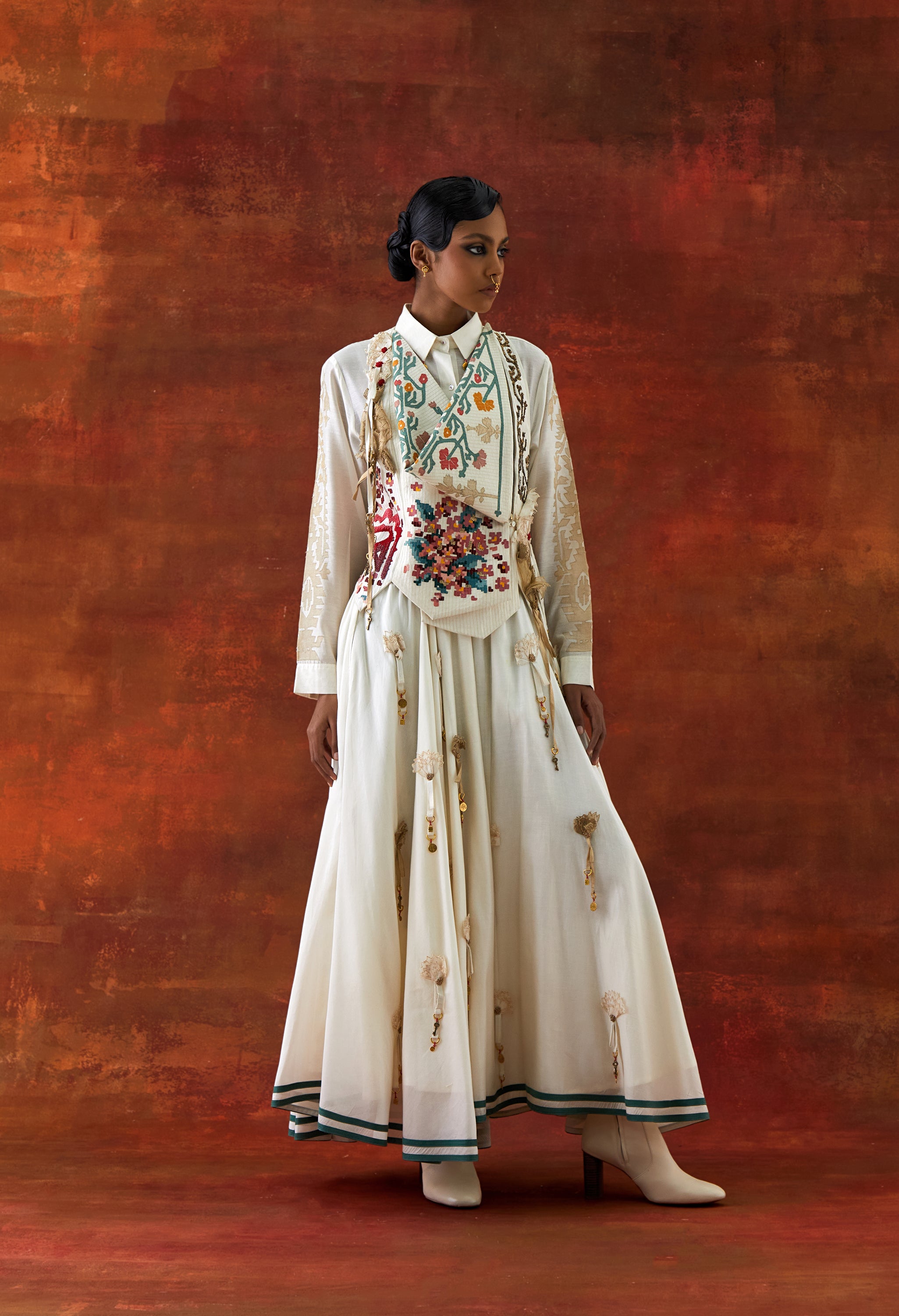 EMB ENGINEERED COWL RACER BACK JACKET + SHIRT WITH EMB BOOTA SLEEVES AND 3D FLOWER SKIRT