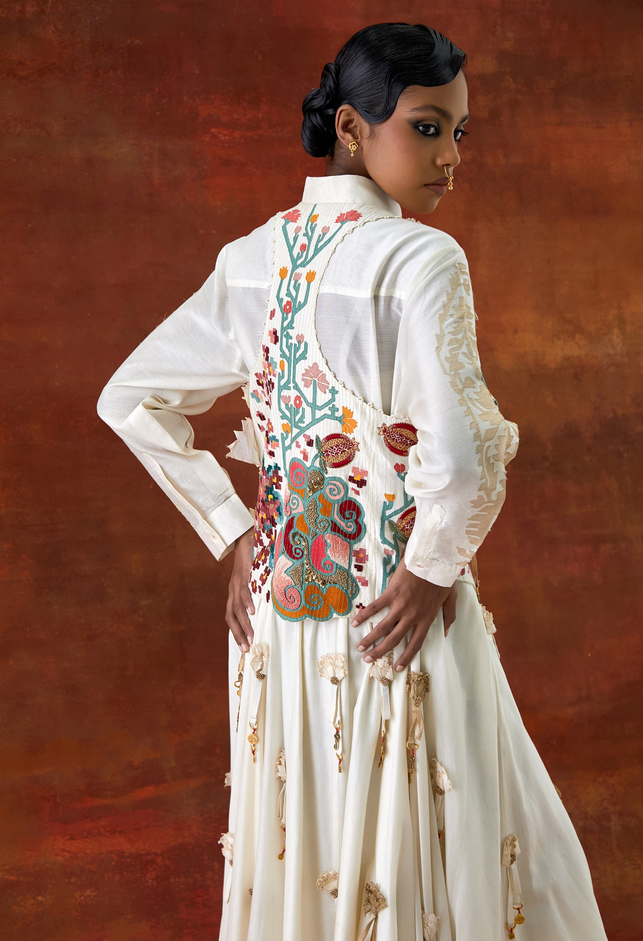 EMB ENGINEERED COWL RACER BACK JACKET + SHIRT WITH EMB BOOTA SLEEVES AND 3D FLOWER SKIRT