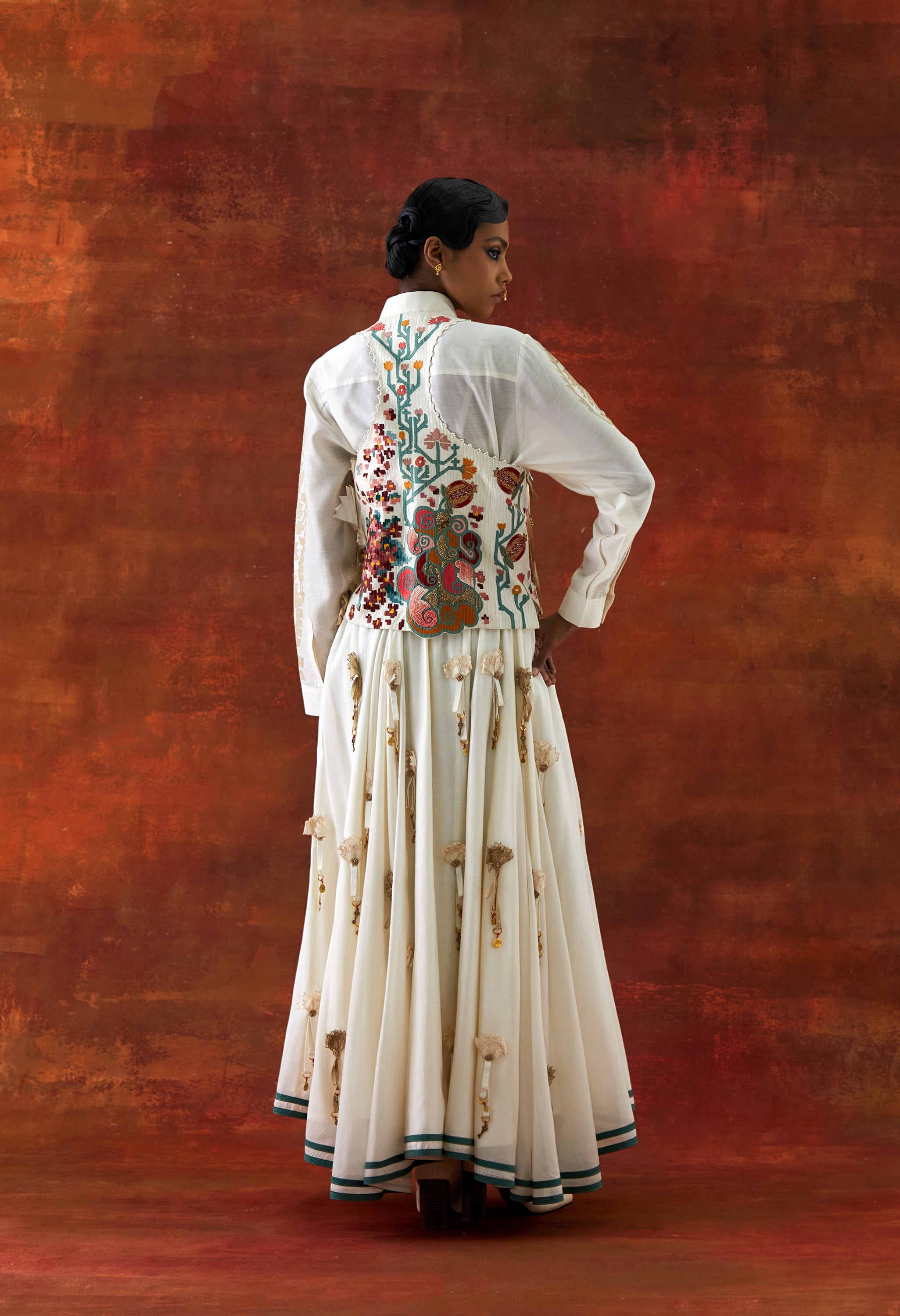 EMB ENGINEERED COWL RACER BACK JACKET + SHIRT WITH EMB BOOTA SLEEVES AND 3D FLOWER SKIRT