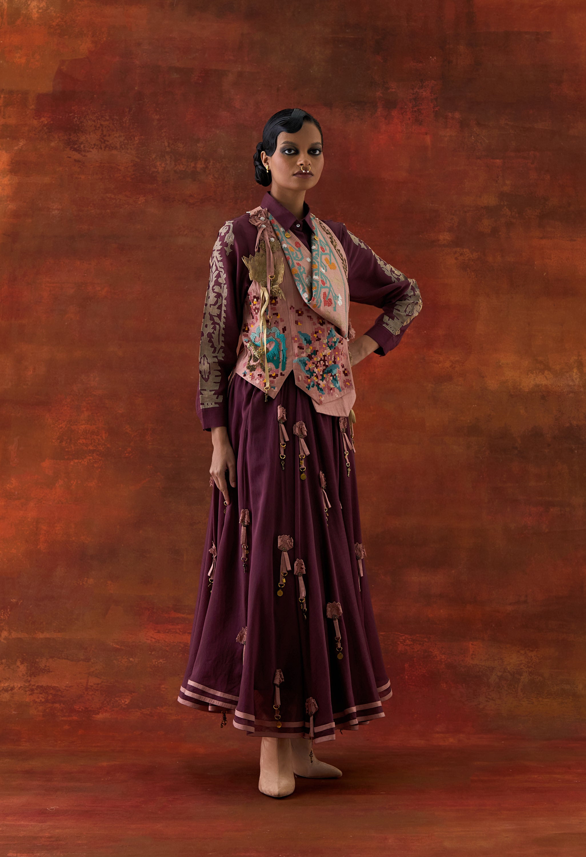 EMB ENGINEERED COWL RACER BACK JACKET + SHIRT WITH EMB BOOTA SLEEVES AND 3D FLOWER SKIRT