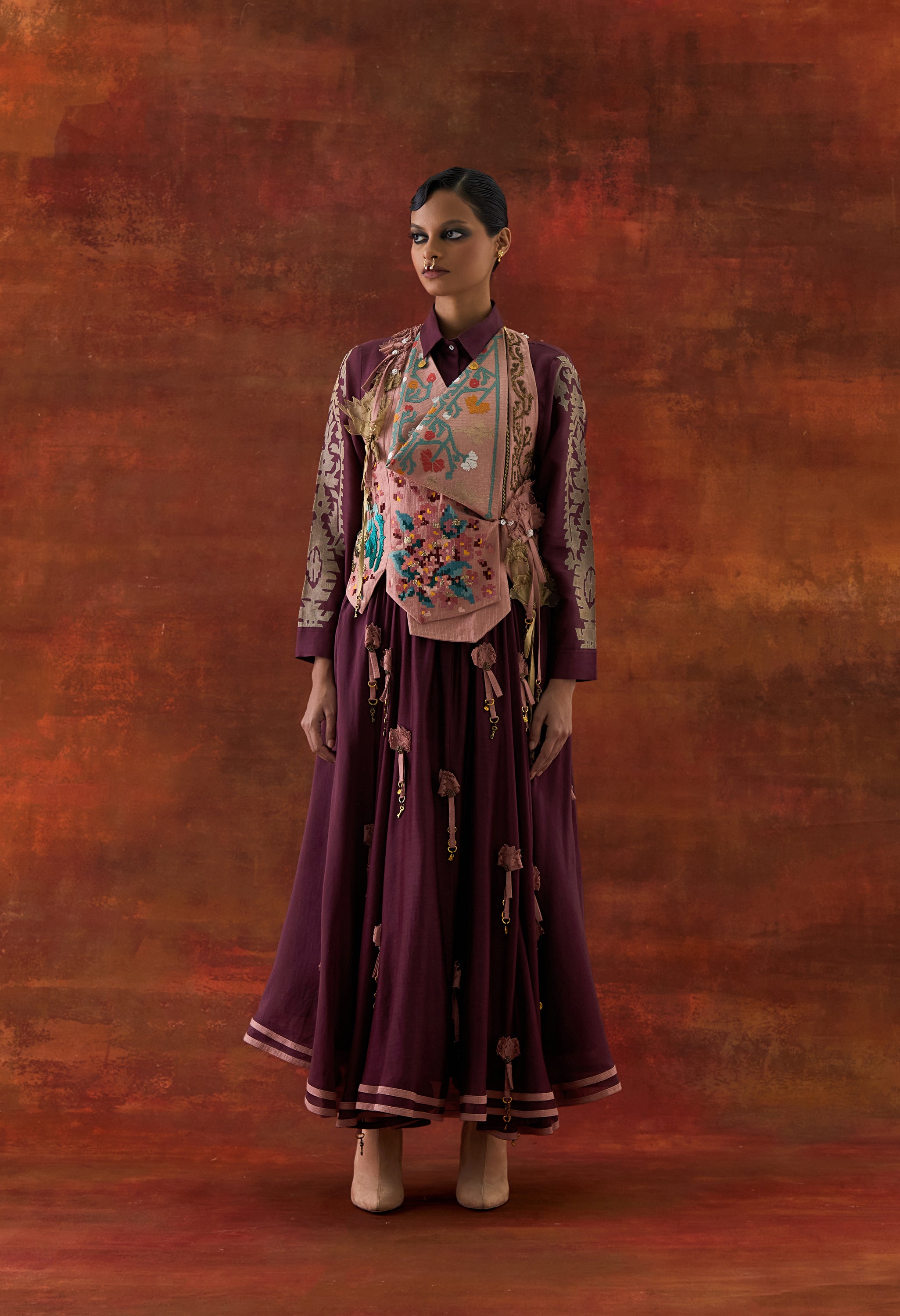 EMB ENGINEERED COWL RACER BACK JACKET + SHIRT WITH EMB BOOTA SLEEVES AND 3D FLOWER SKIRT