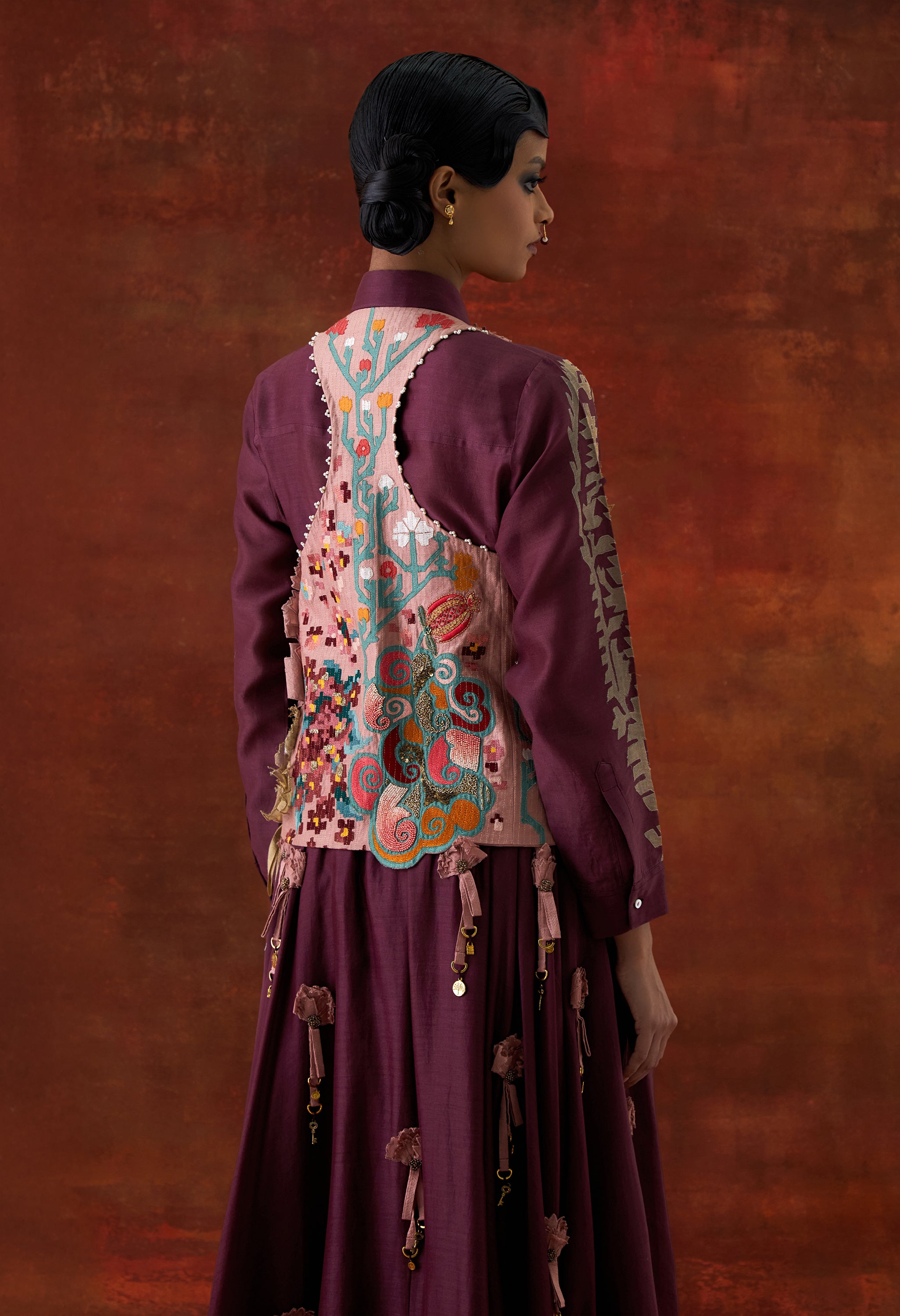 EMB ENGINEERED COWL RACER BACK JACKET + SHIRT WITH EMB BOOTA SLEEVES AND 3D FLOWER SKIRT