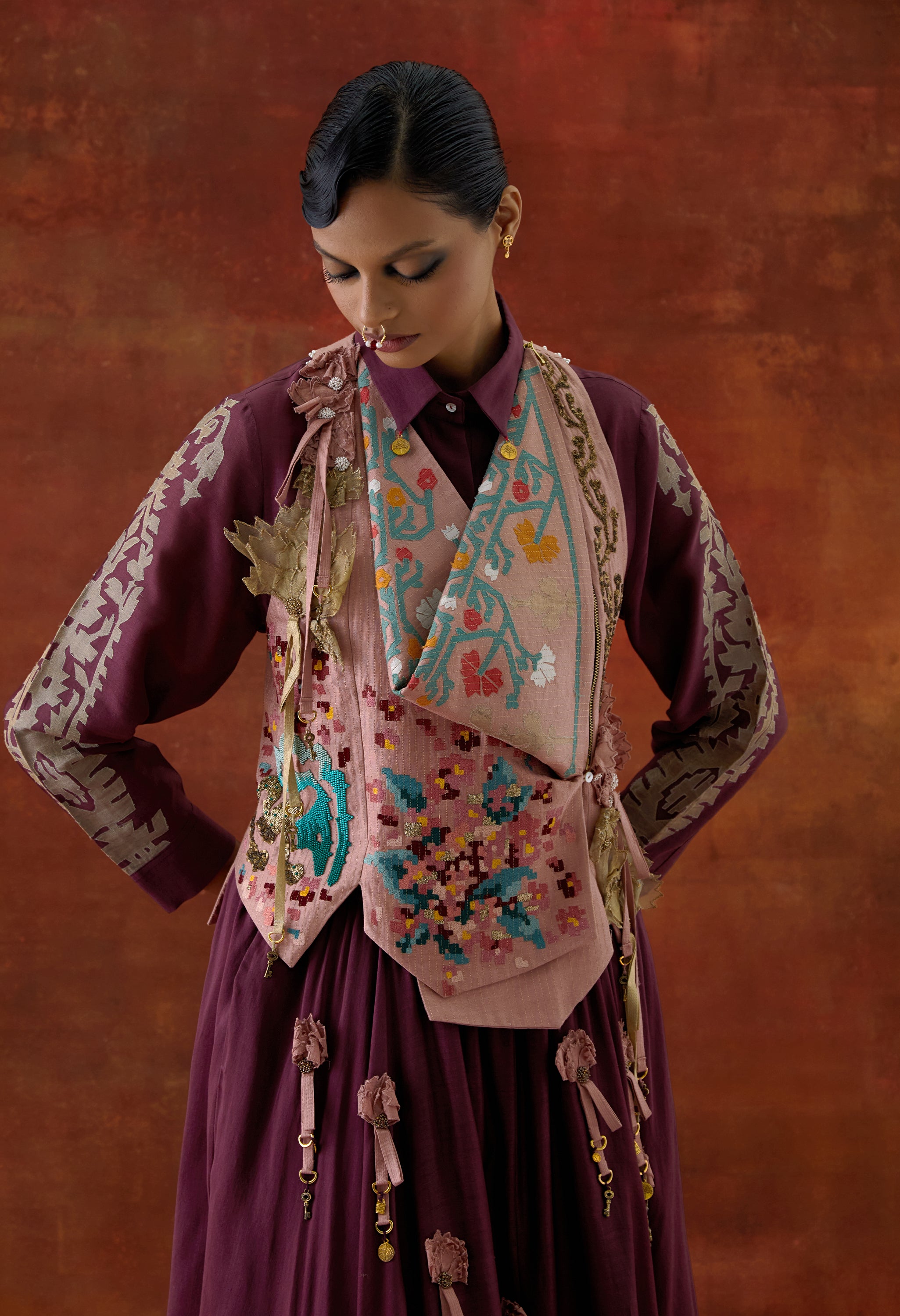 EMB ENGINEERED COWL RACER BACK JACKET + SHIRT WITH EMB BOOTA SLEEVES AND 3D FLOWER SKIRT