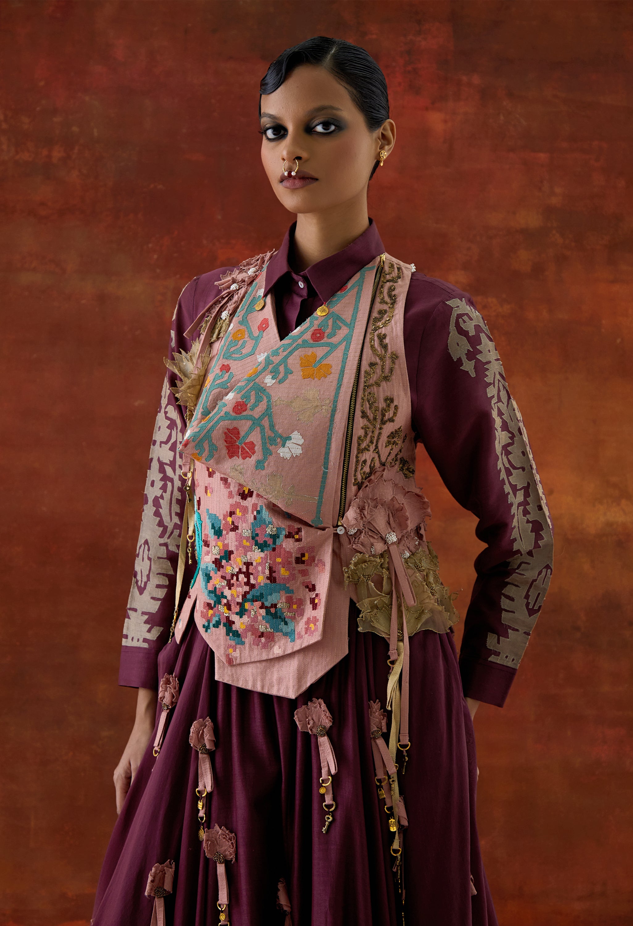 EMB ENGINEERED COWL RACER BACK JACKET + SHIRT WITH EMB BOOTA SLEEVES AND 3D FLOWER SKIRT