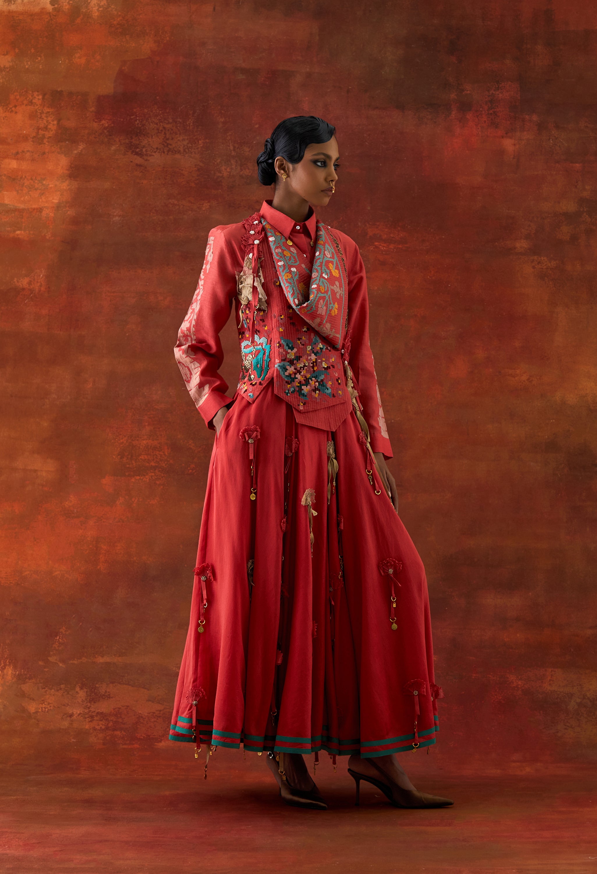 EMB ENGINEERED COWL RACER BACK JACKET + SHIRT WITH EMB BOOTA SLEEVES AND 3D FLOWER SKIRT