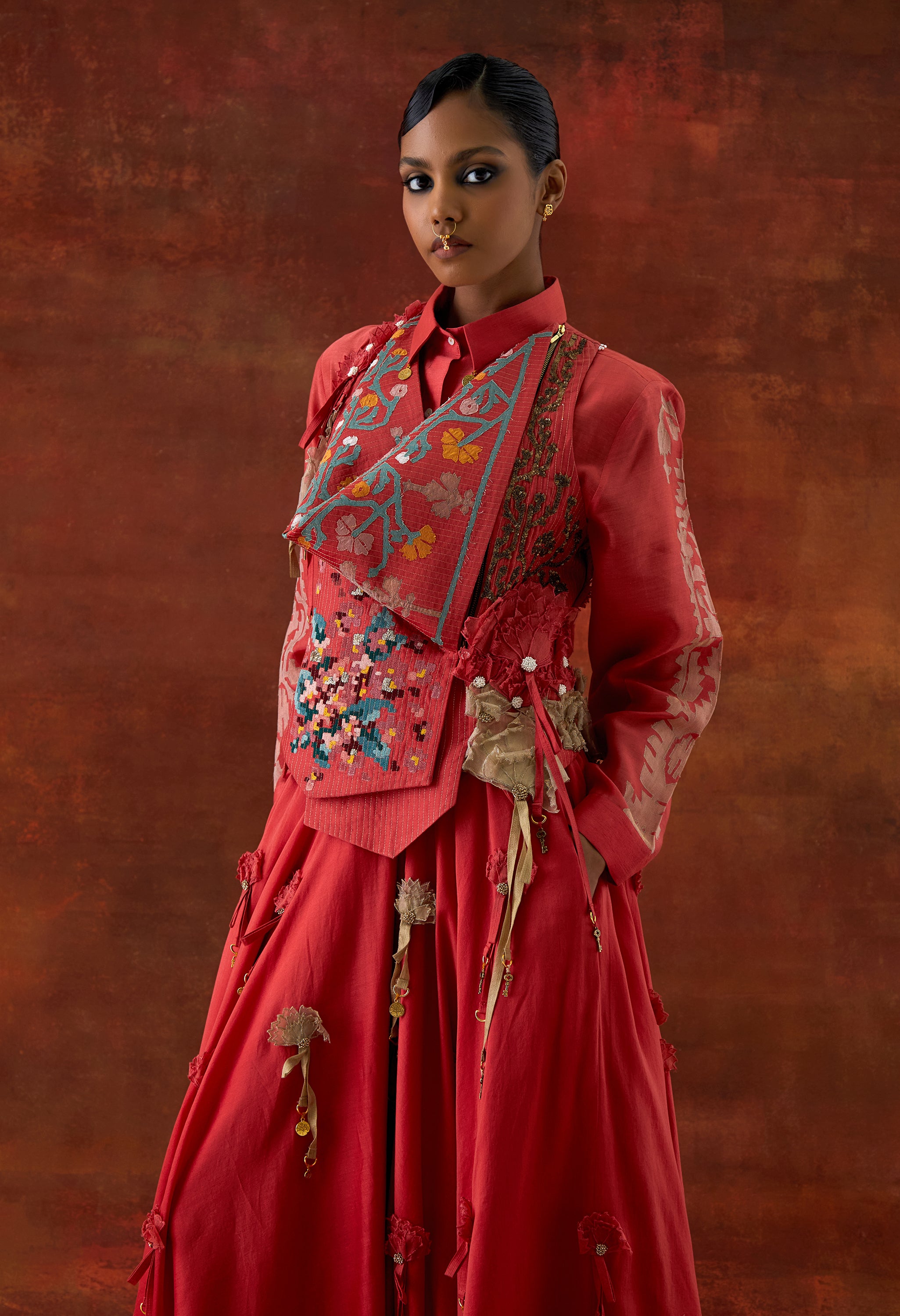 EMB ENGINEERED COWL RACER BACK JACKET + SHIRT WITH EMB BOOTA SLEEVES AND 3D FLOWER SKIRT