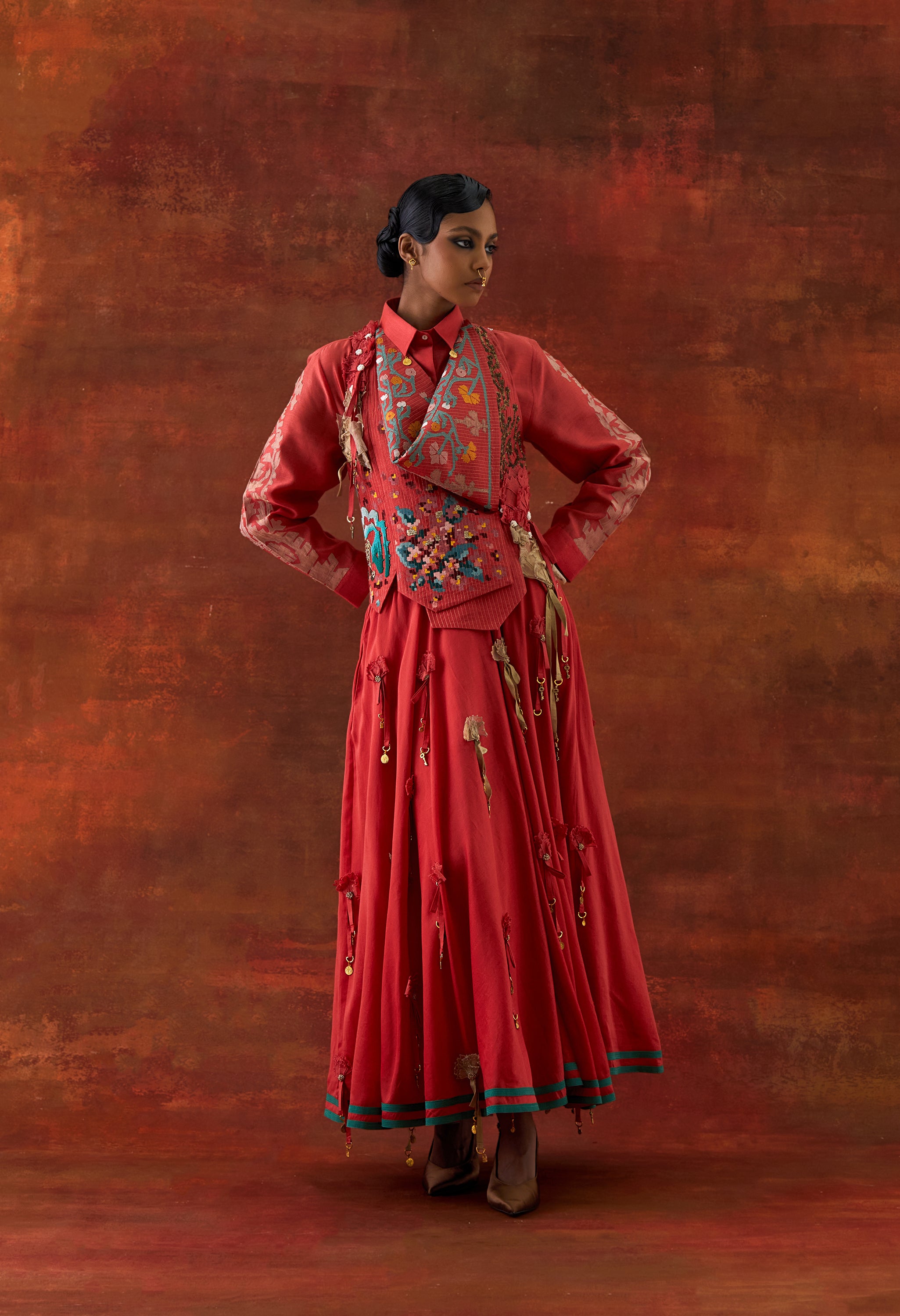 EMB ENGINEERED COWL RACER BACK JACKET + SHIRT WITH EMB BOOTA SLEEVES AND 3D FLOWER SKIRT