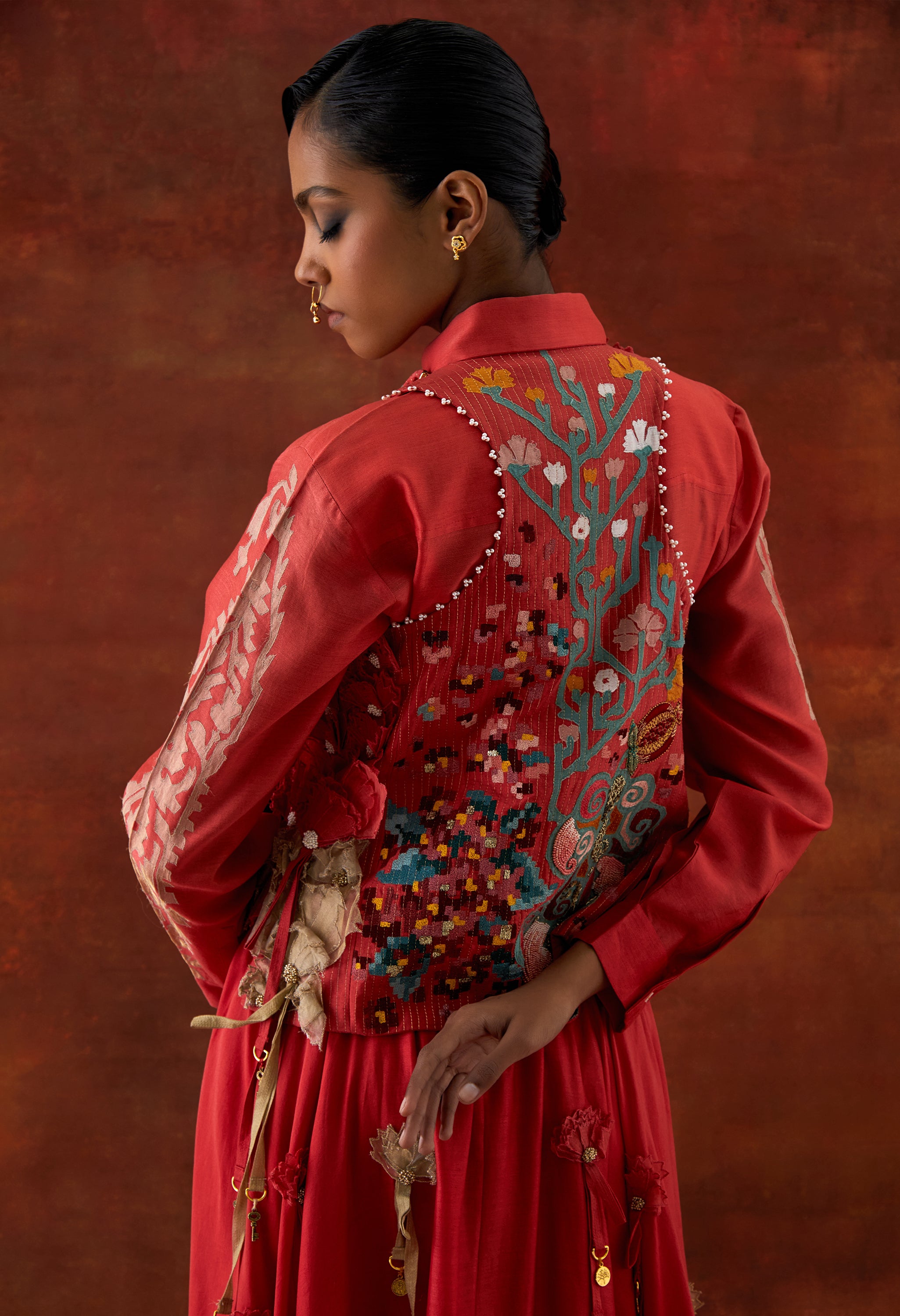 EMB ENGINEERED COWL RACER BACK JACKET + SHIRT WITH EMB BOOTA SLEEVES AND 3D FLOWER SKIRT