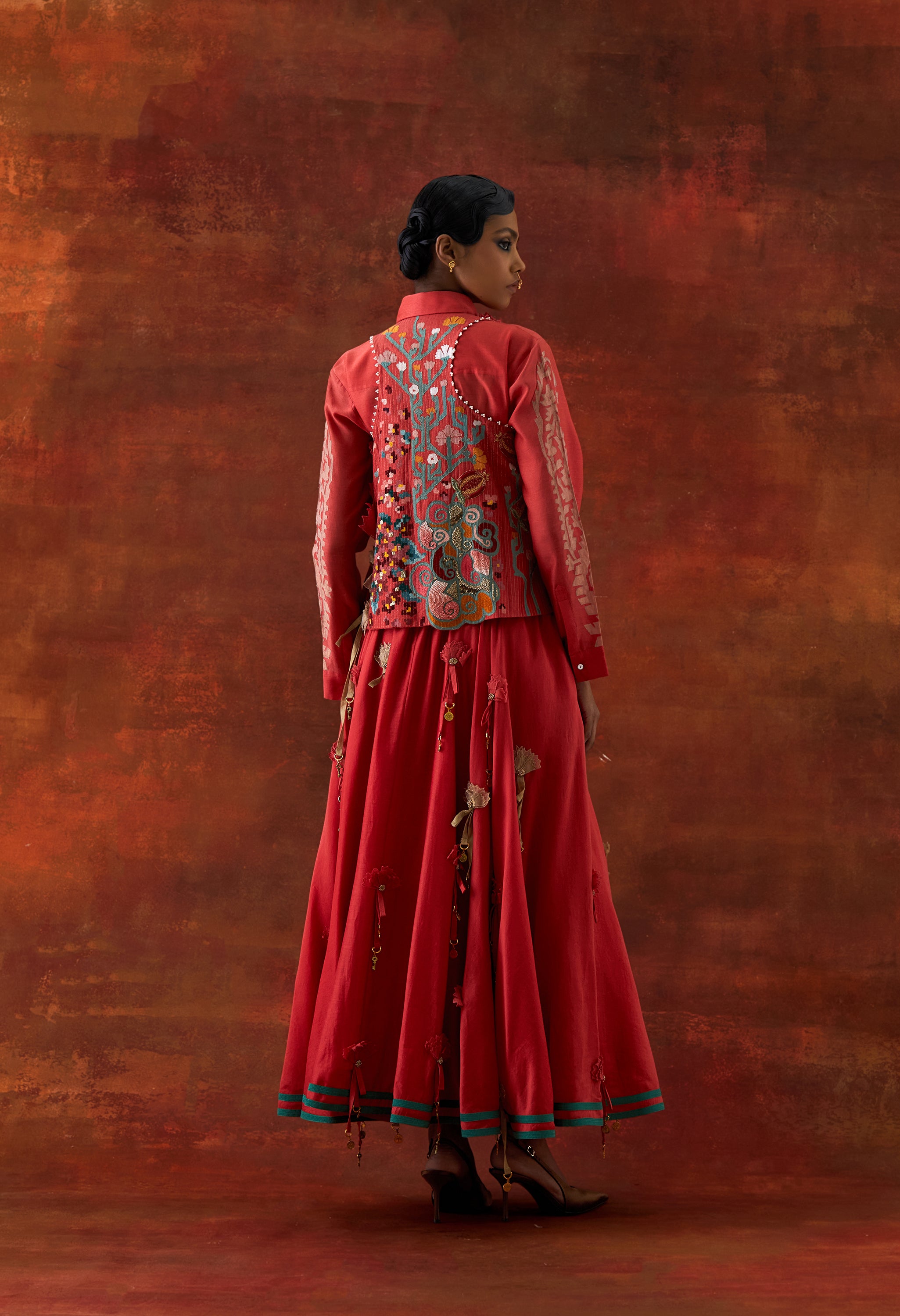 EMB ENGINEERED COWL RACER BACK JACKET + SHIRT WITH EMB BOOTA SLEEVES AND 3D FLOWER SKIRT