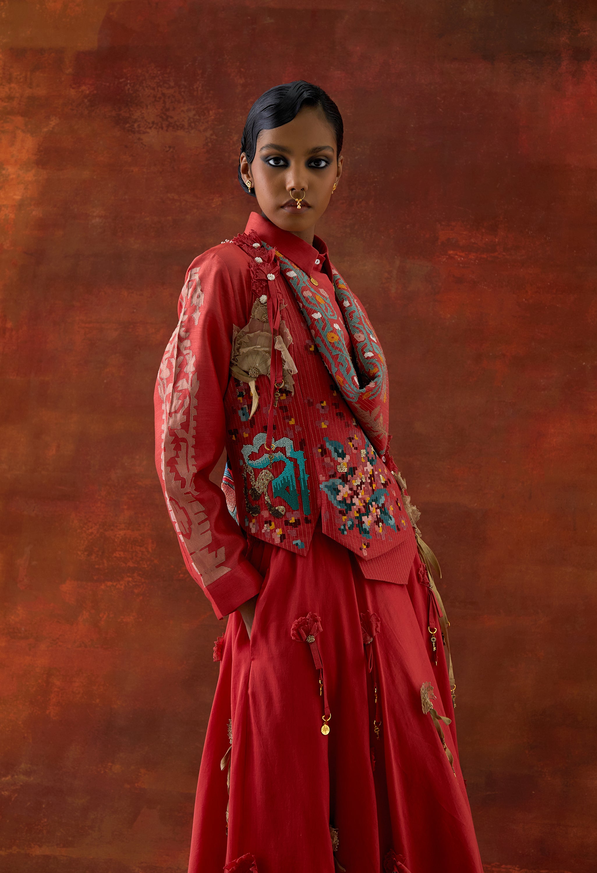 EMB ENGINEERED COWL RACER BACK JACKET + SHIRT WITH EMB BOOTA SLEEVES AND 3D FLOWER SKIRT