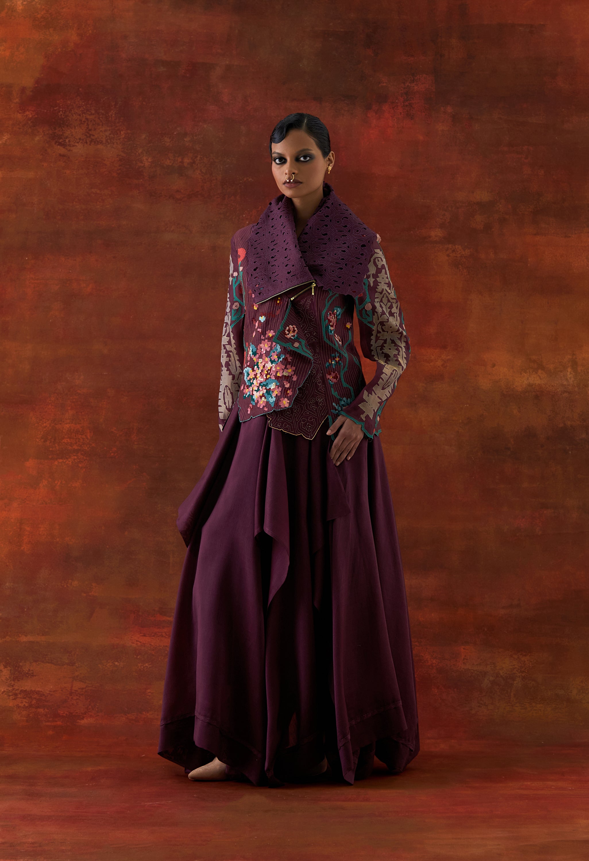 EMB DRAPED COLLAR JACKET WITH DRAPED SKIRT