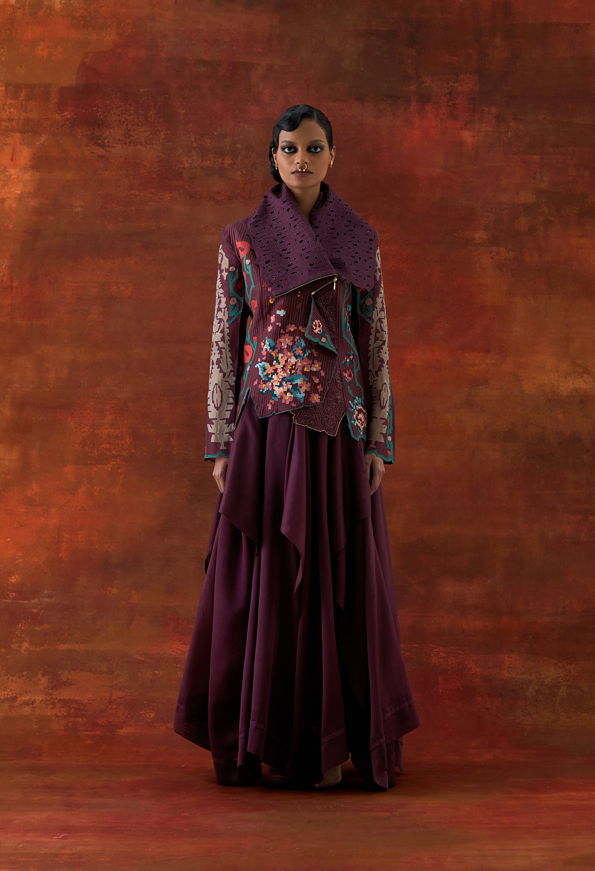 EMB DRAPED COLLAR JACKET WITH DRAPED SKIRT