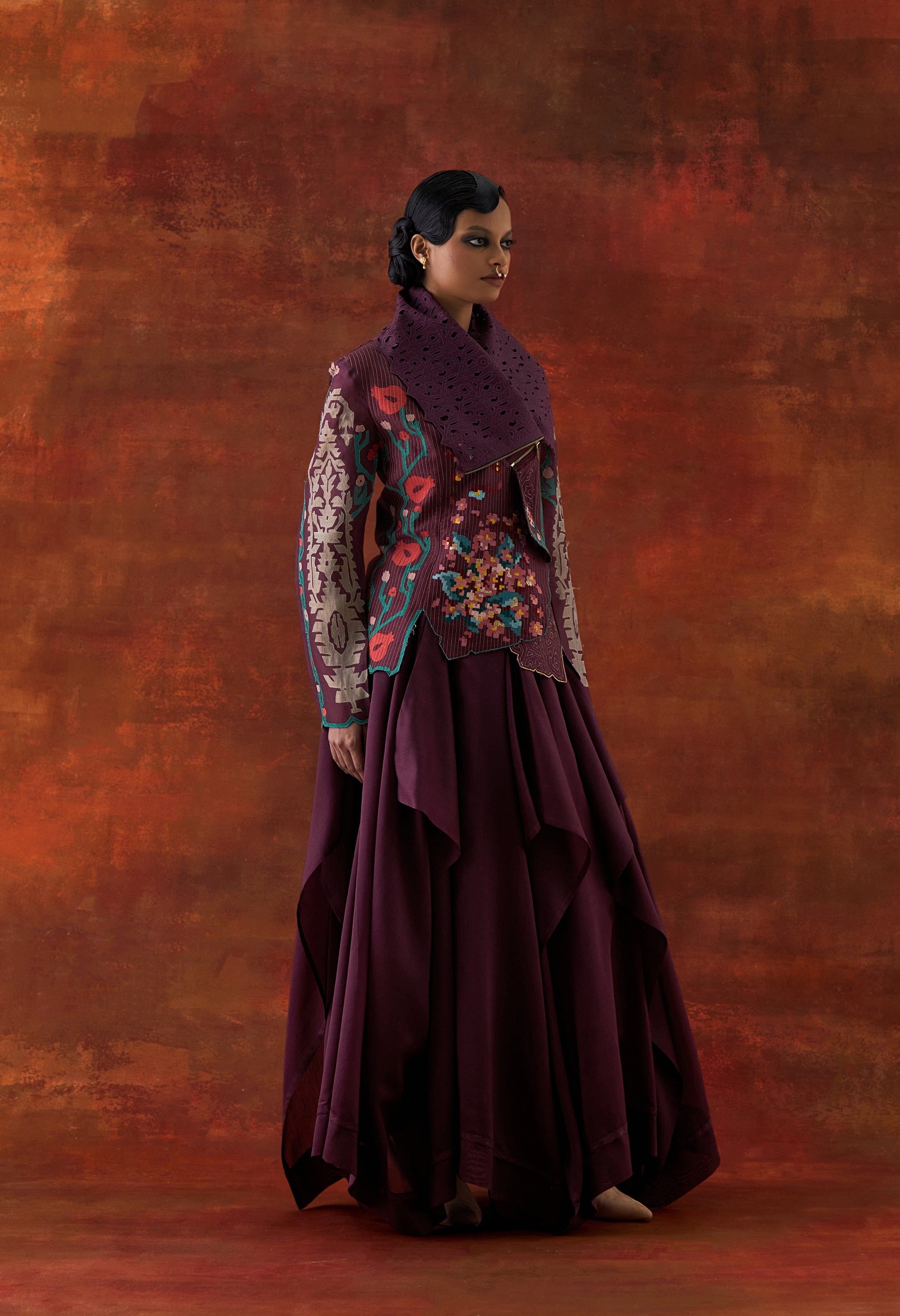 EMB DRAPED COLLAR JACKET WITH DRAPED SKIRT