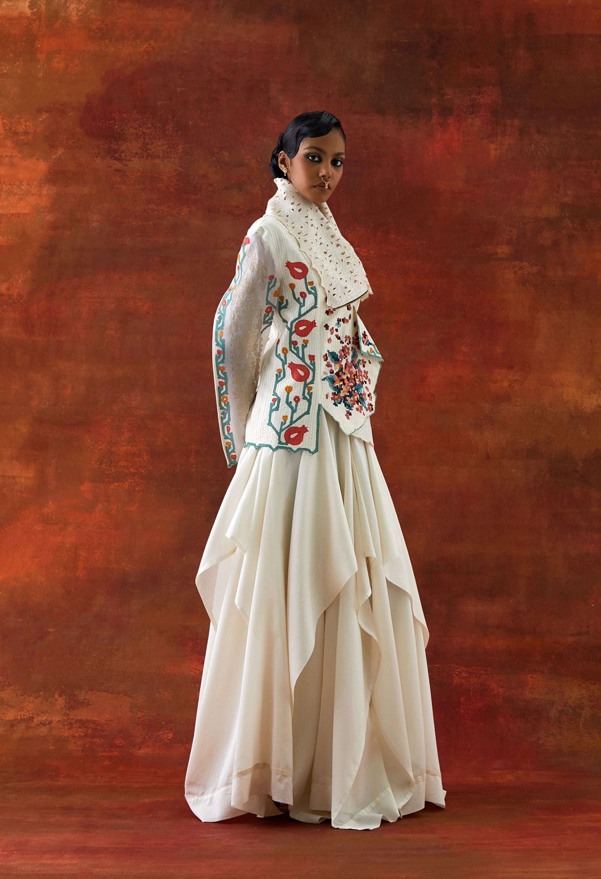 EMB DRAPED COLLAR JACKET WITH DRAPED SKIRT