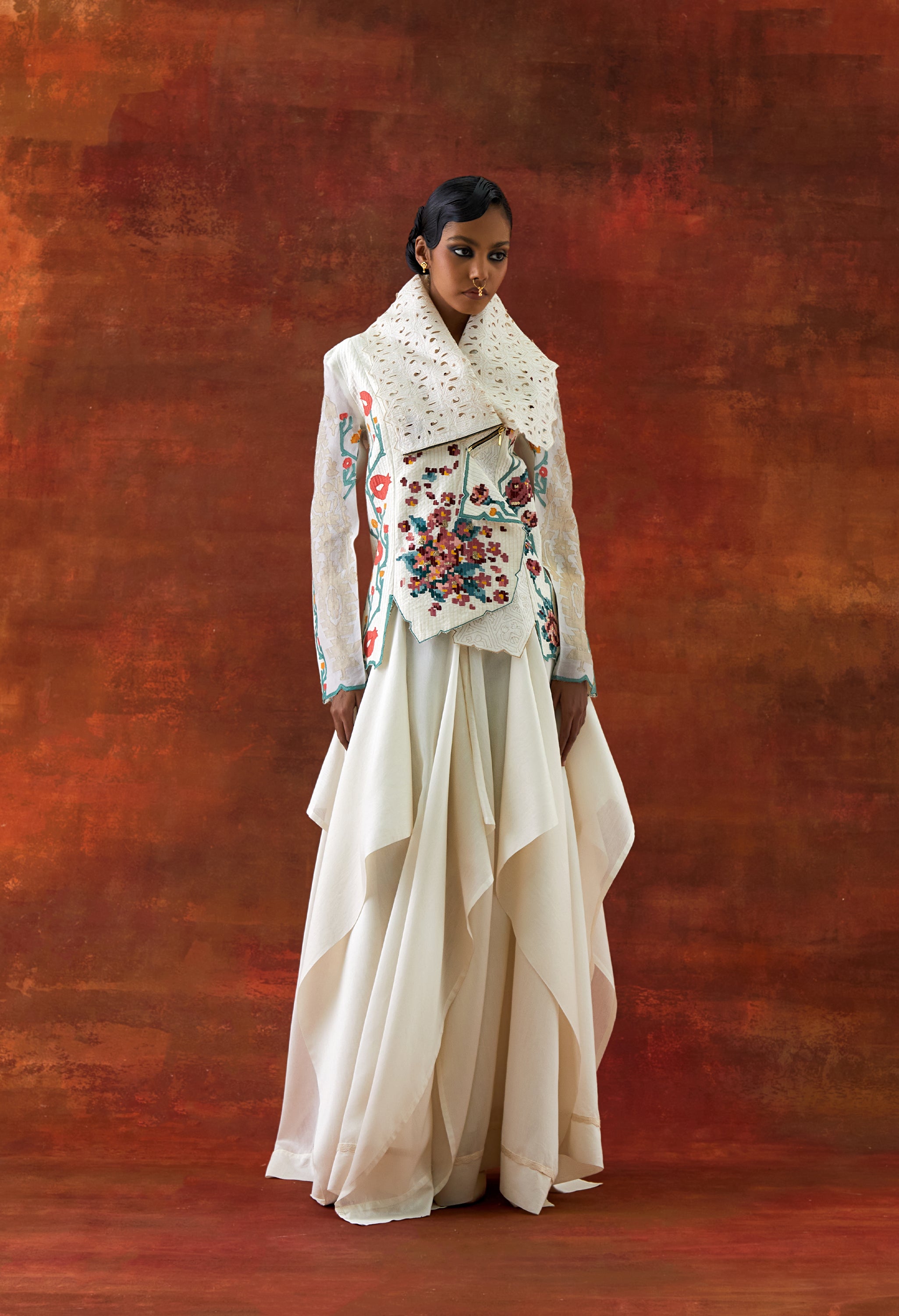 EMB DRAPED COLLAR JACKET WITH DRAPED SKIRT