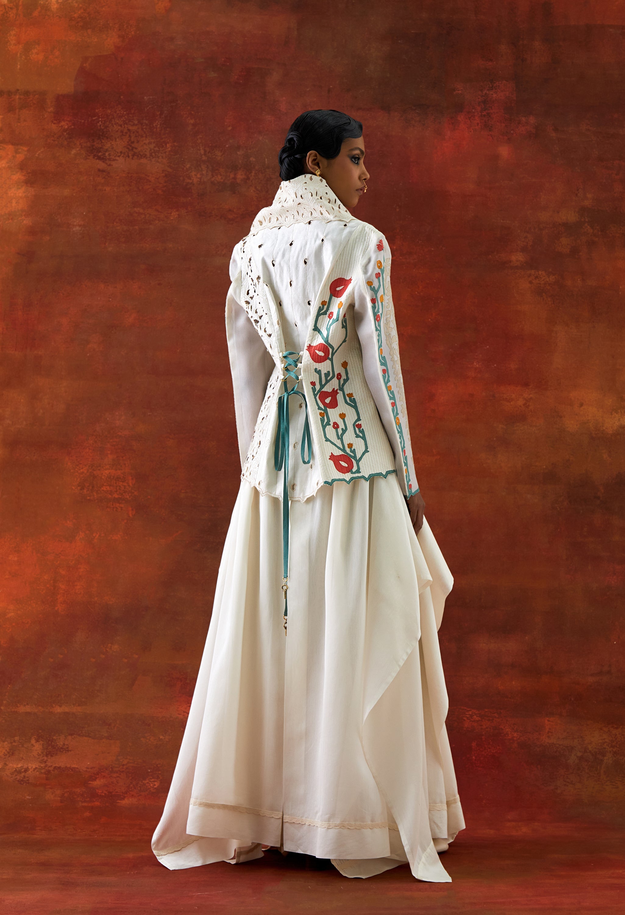 EMB DRAPED COLLAR JACKET WITH DRAPED SKIRT