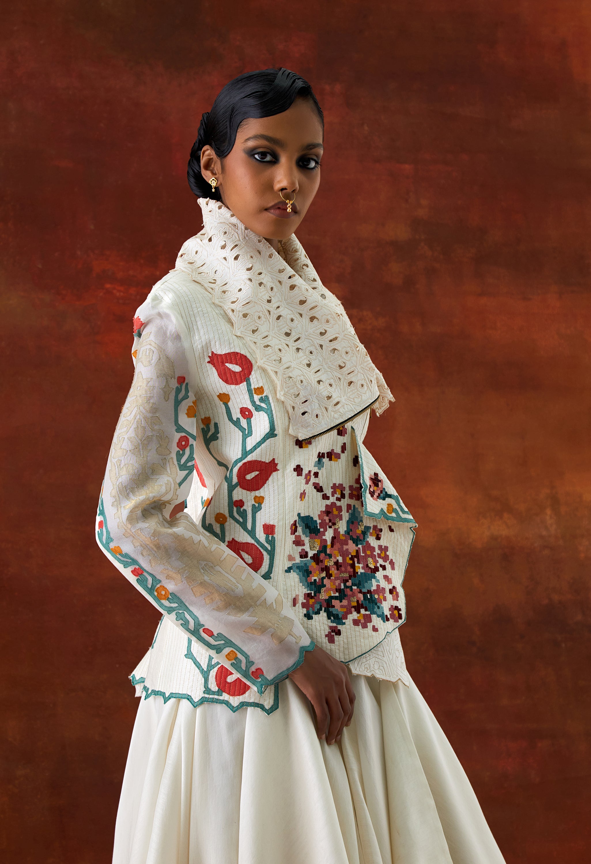 EMB DRAPED COLLAR JACKET WITH DRAPED SKIRT