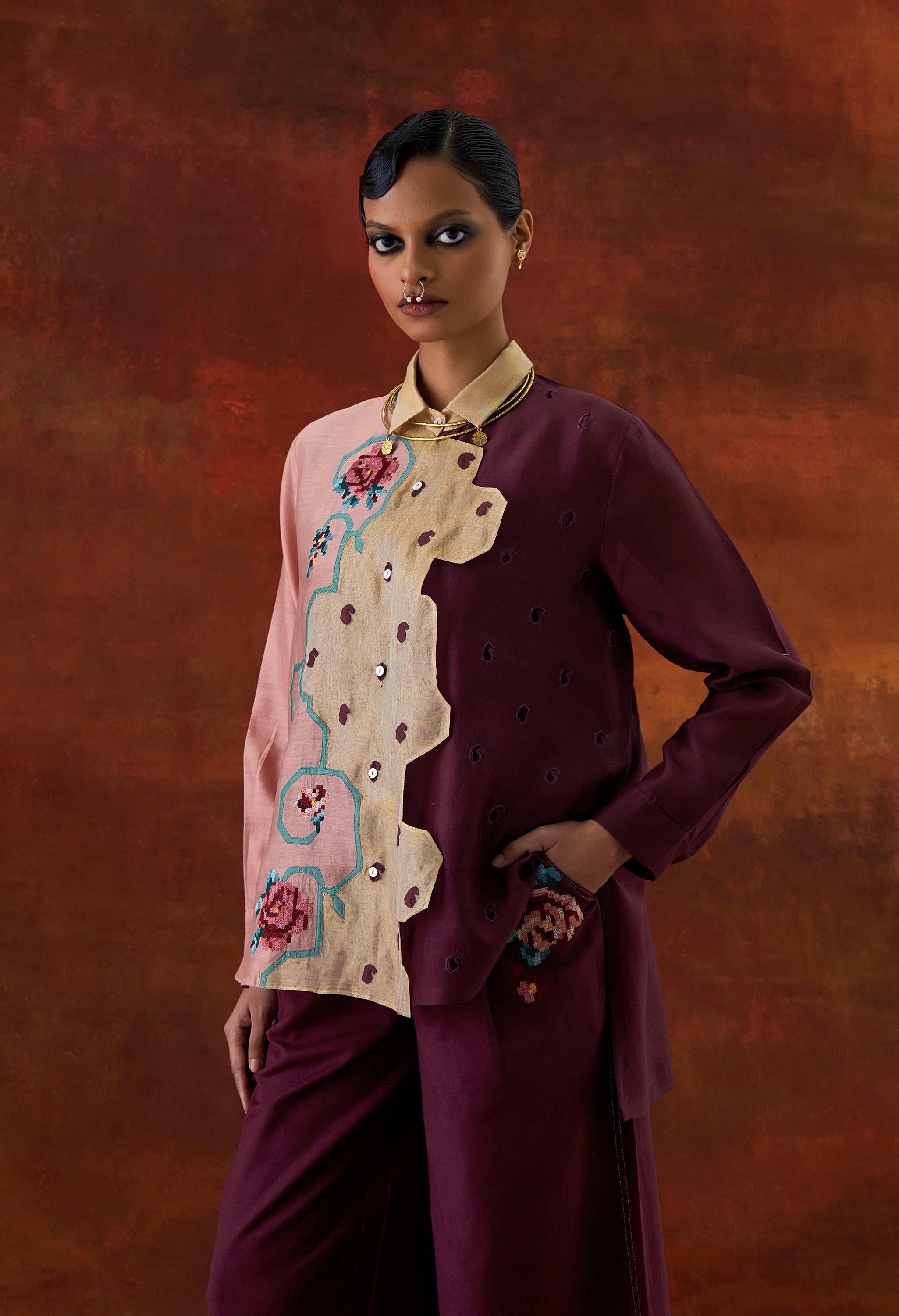 EMB TRI COLOR SHIRT WITH FLARED PANTS