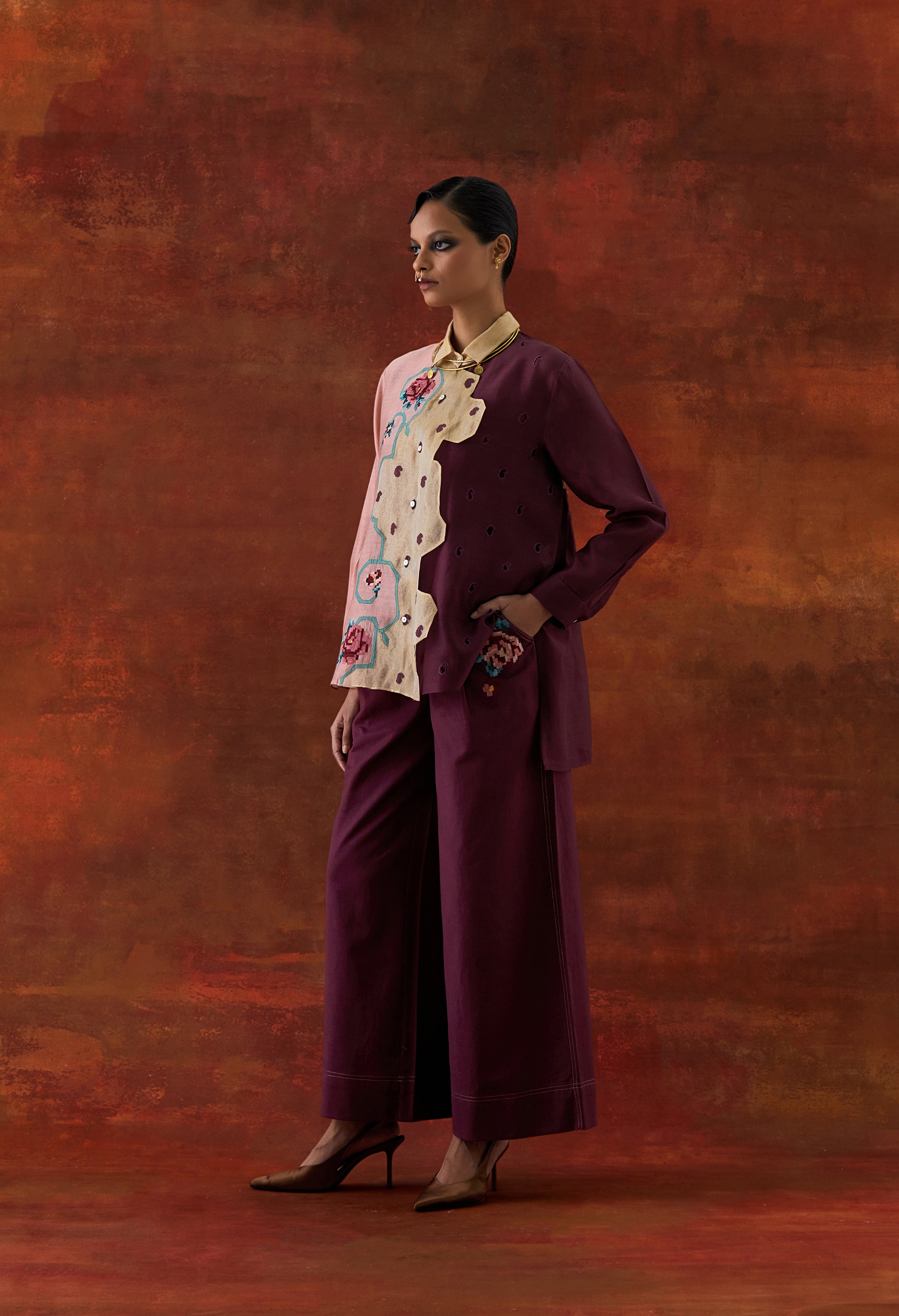 EMB TRI COLOR SHIRT WITH FLARED PANTS