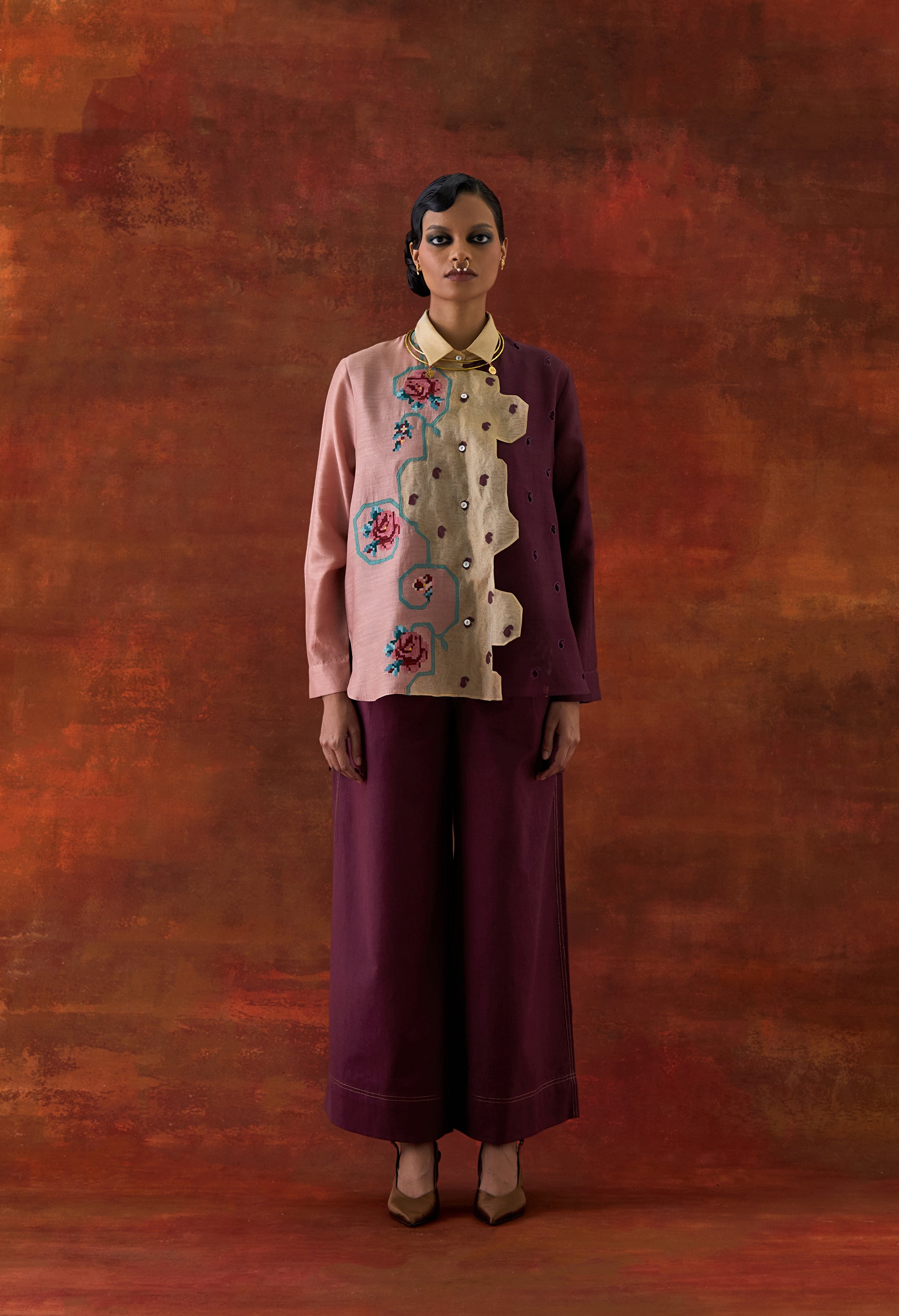 EMB TRI COLOR SHIRT WITH FLARED PANTS