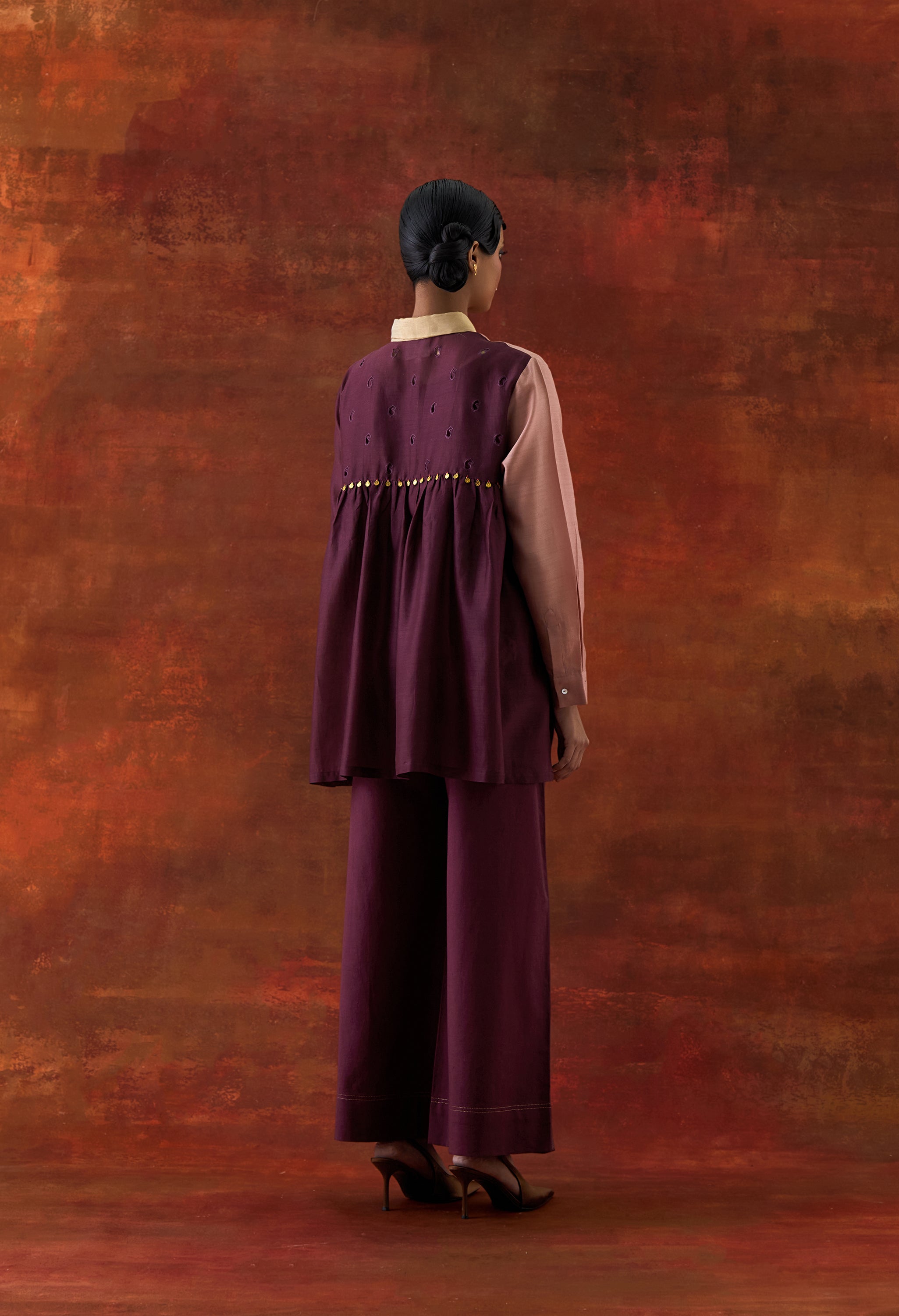 EMB TRI COLOR SHIRT WITH FLARED PANTS