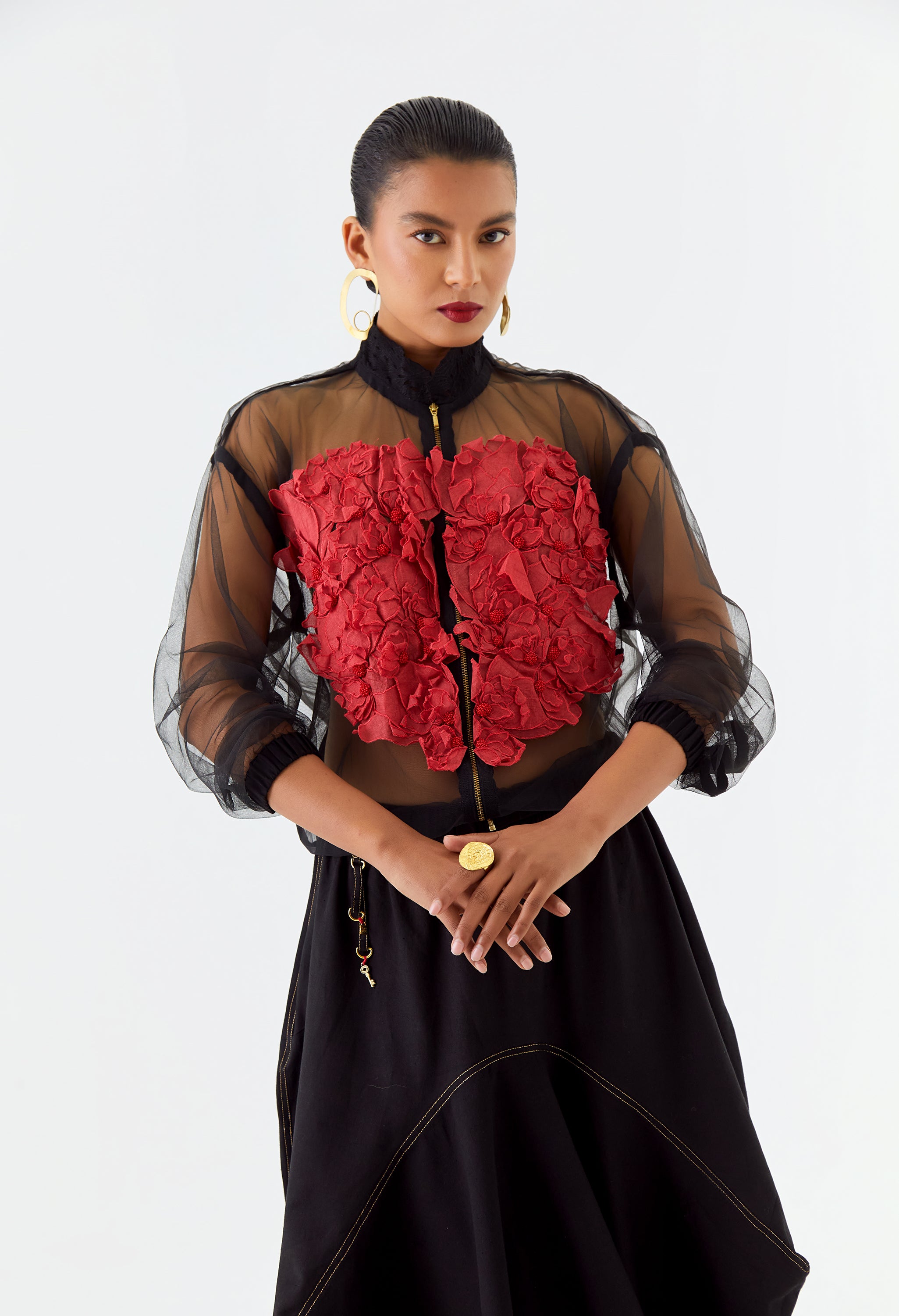 NET BOMBER JACKET + PLEATED SKIRT ATTACHED WITH PANTS