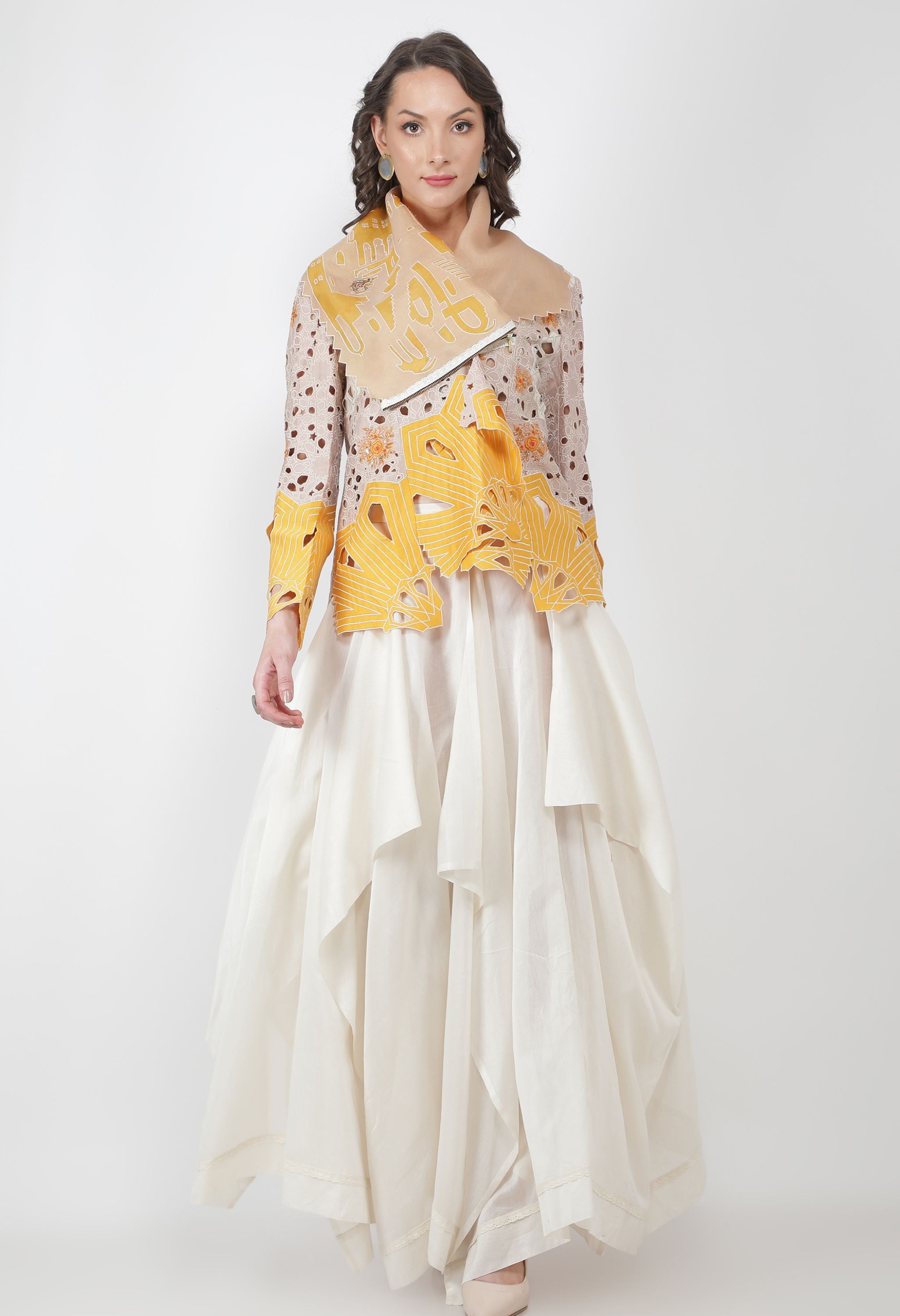 EMB DRAPED COLLAR CUTWORK JACKET WITH SKIRT