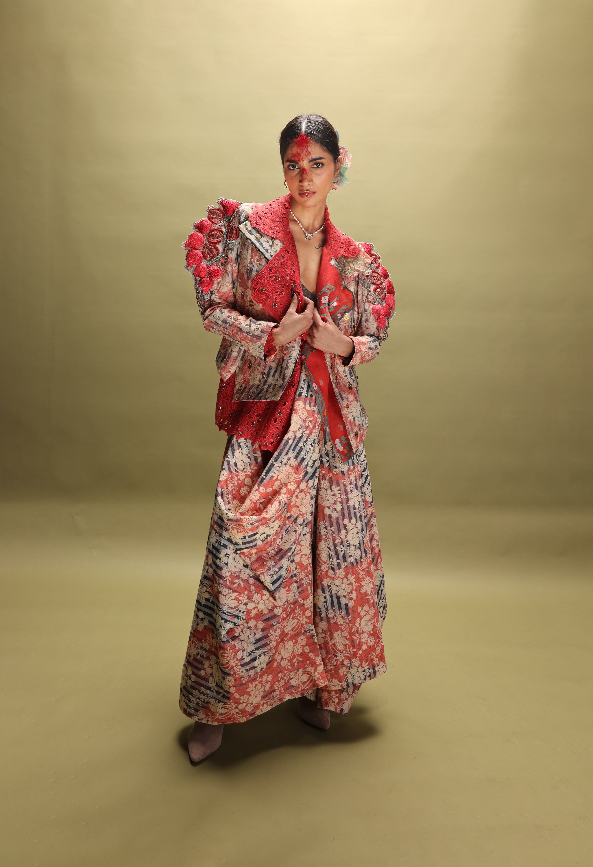 EMB ORGANZA SHORT TRENCH + 3D POMEGRANTE EMB QUILTED JACKET WITH PRINTED DENIM DRAPED SKIRT