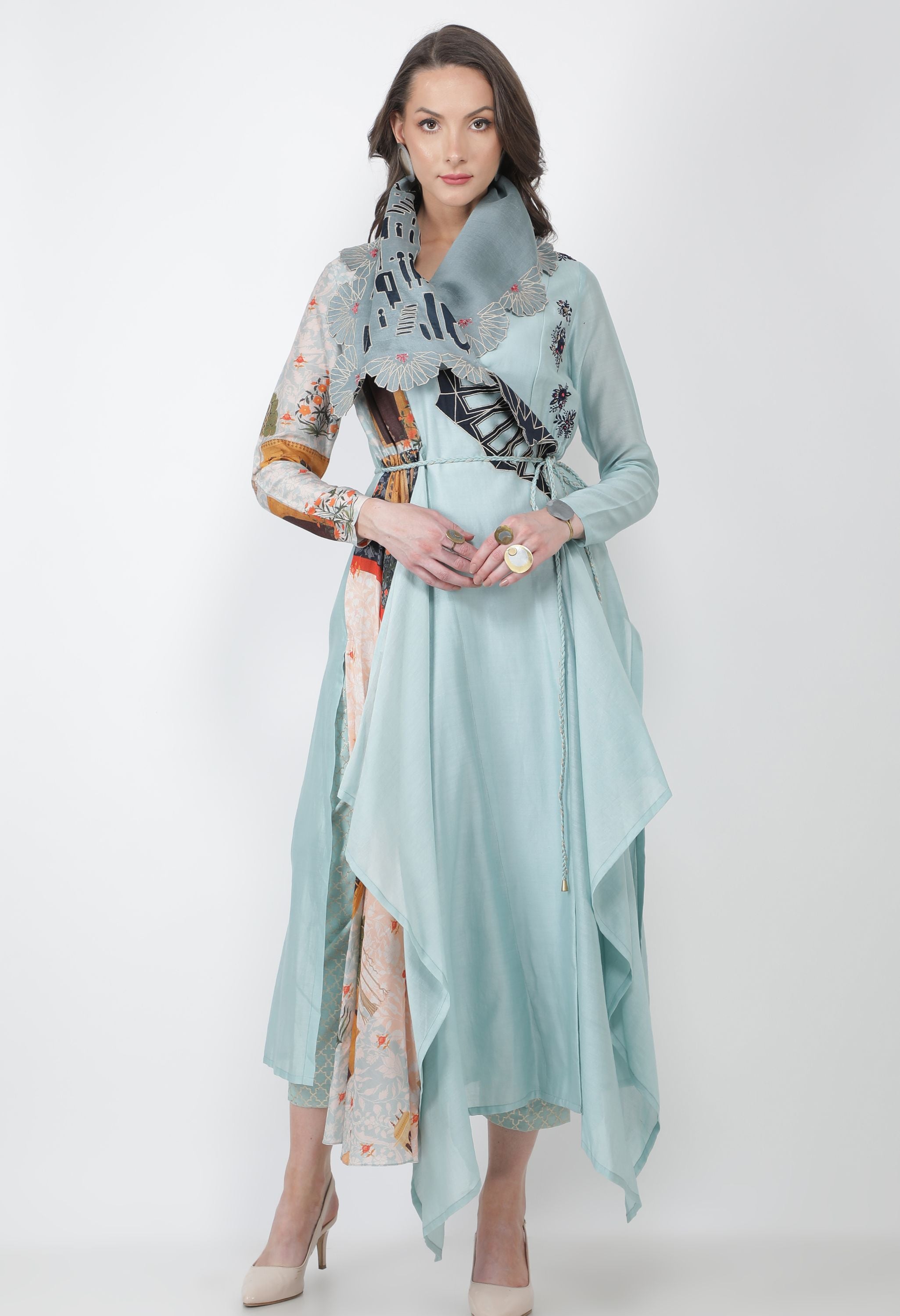 EMB DRAPED COLLAR ANGRAKHA WITH PANTS