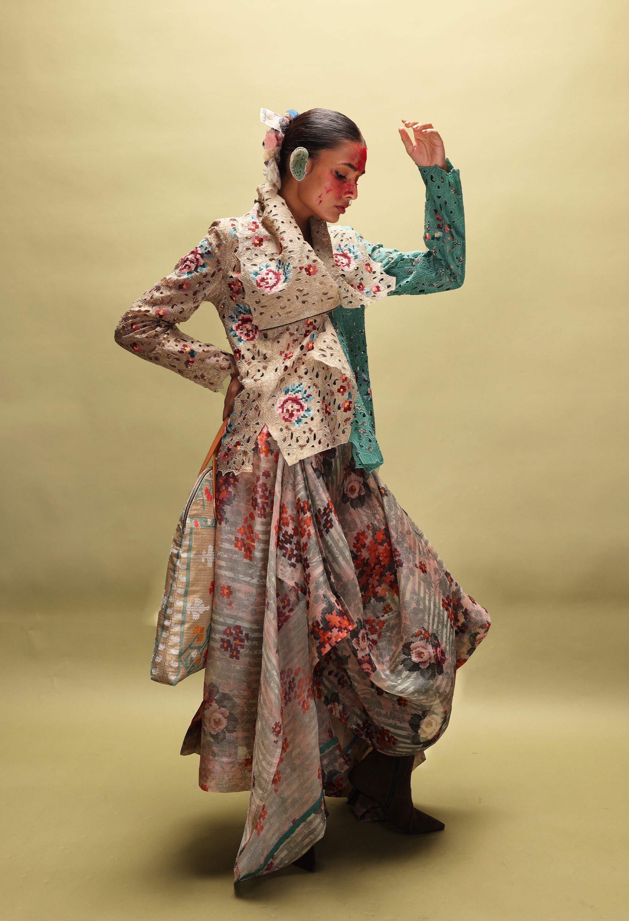 EMB DUAL COLORED DRAPED COLLAR JACKET WITH PRINTED DRAPED ORGANZA SKIRT