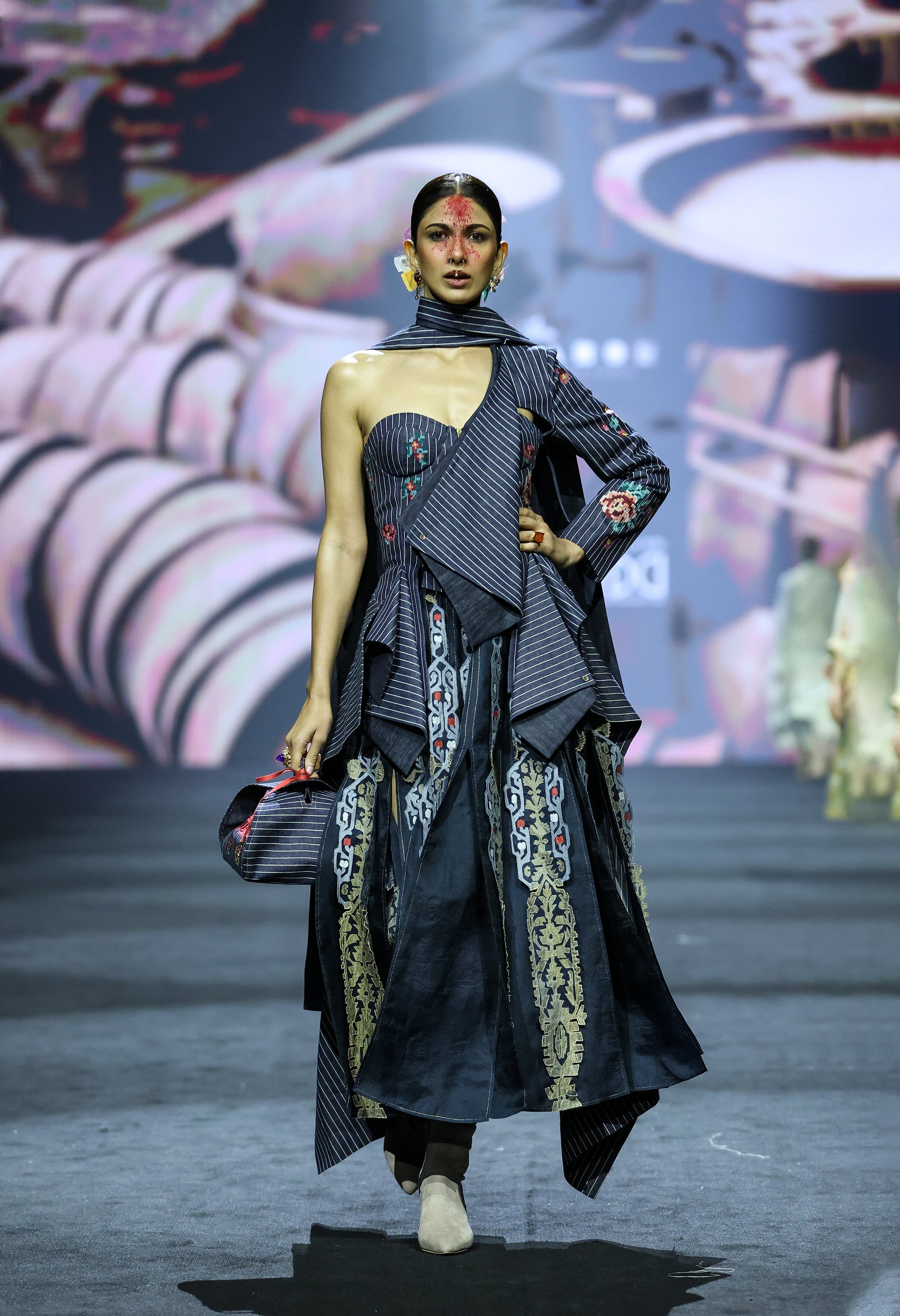 EMB STRIPED DENIM ENGINEERED CORSET DRESS WITH EMB PANELLED SKIRT