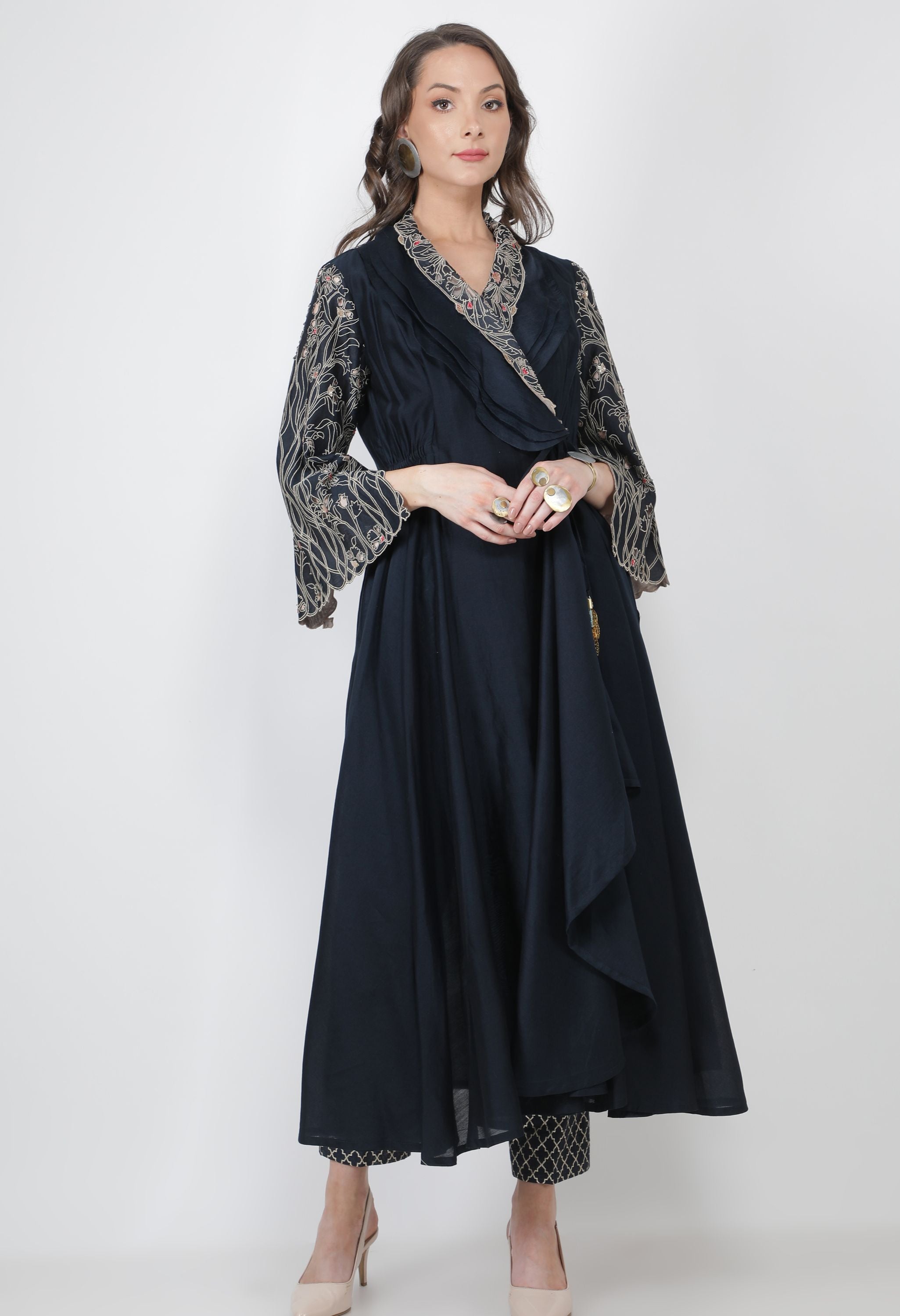 CUTWORK EMB SLEEVES LAYERED COLLARED ANGRAKHA WITH PANTS