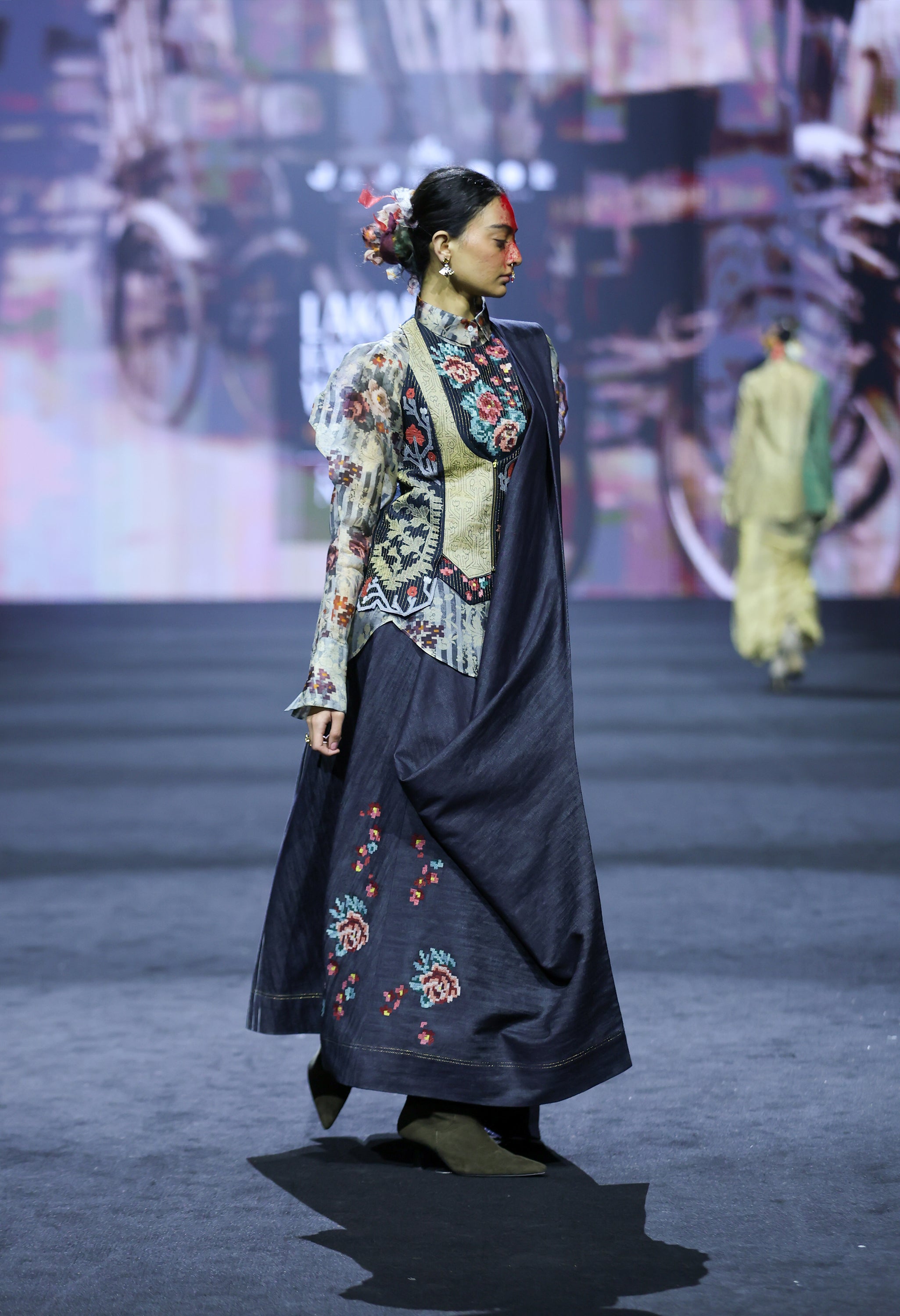 PRINTED ORGANZA SHIRT WITH EMB ANGRAKHA STYLE JACKET AND DRAPED DENIM SKIRT