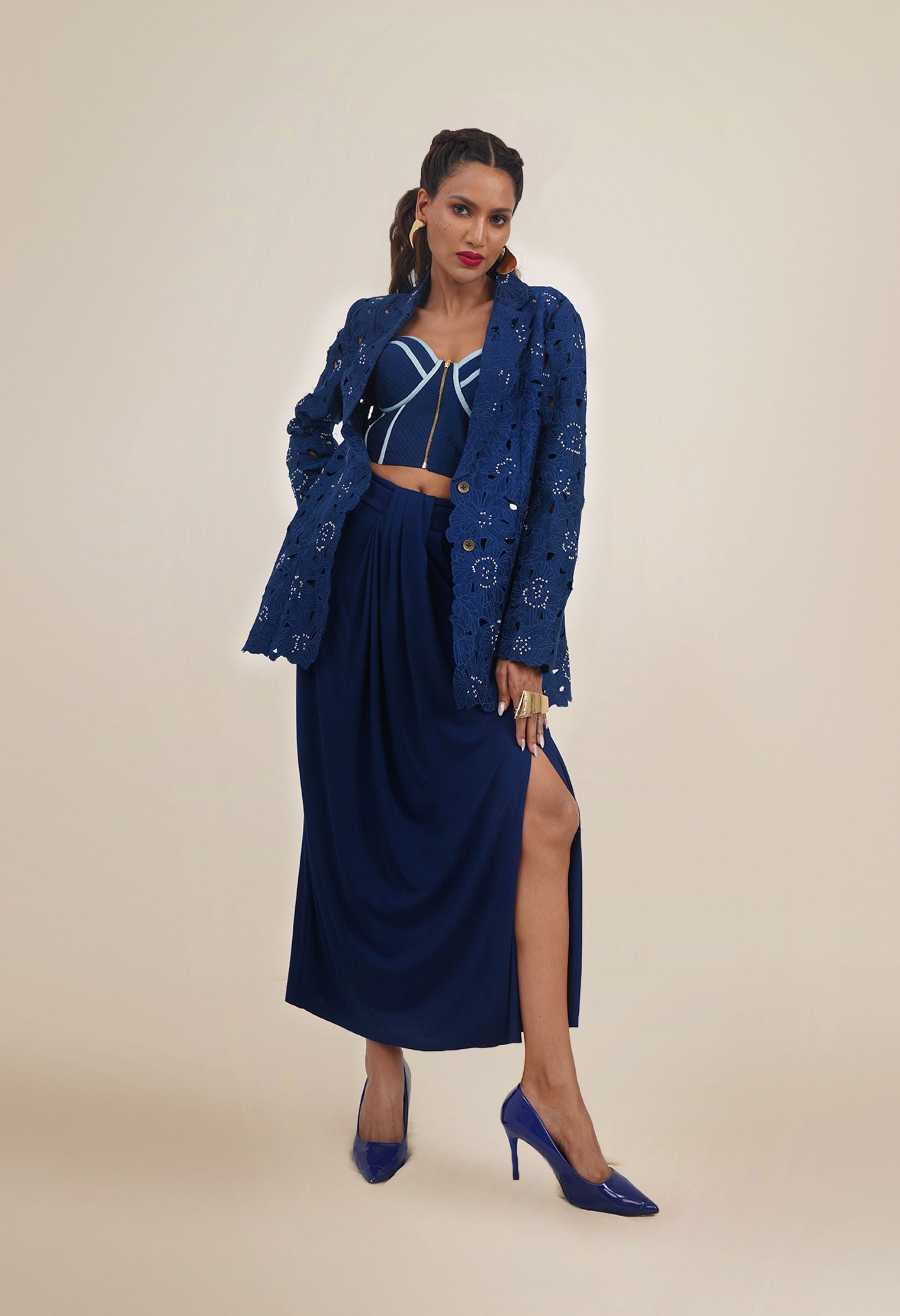 FLORAL CUTWORK JACKET WITH BUSTIER AND DRAPED JERSEY SKIRT