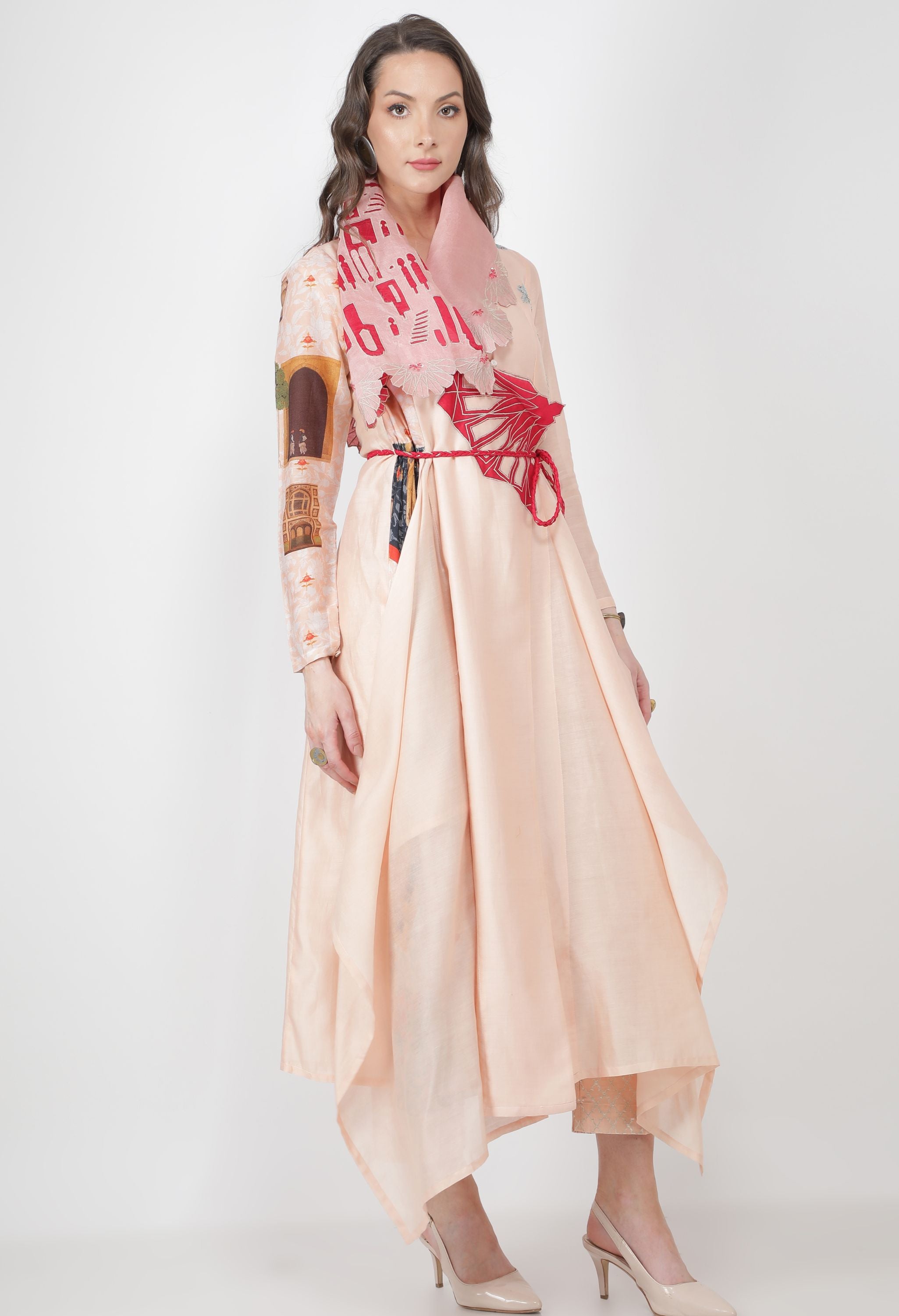EMB DRAPED COLLAR ANGRAKHA WITH PANTS