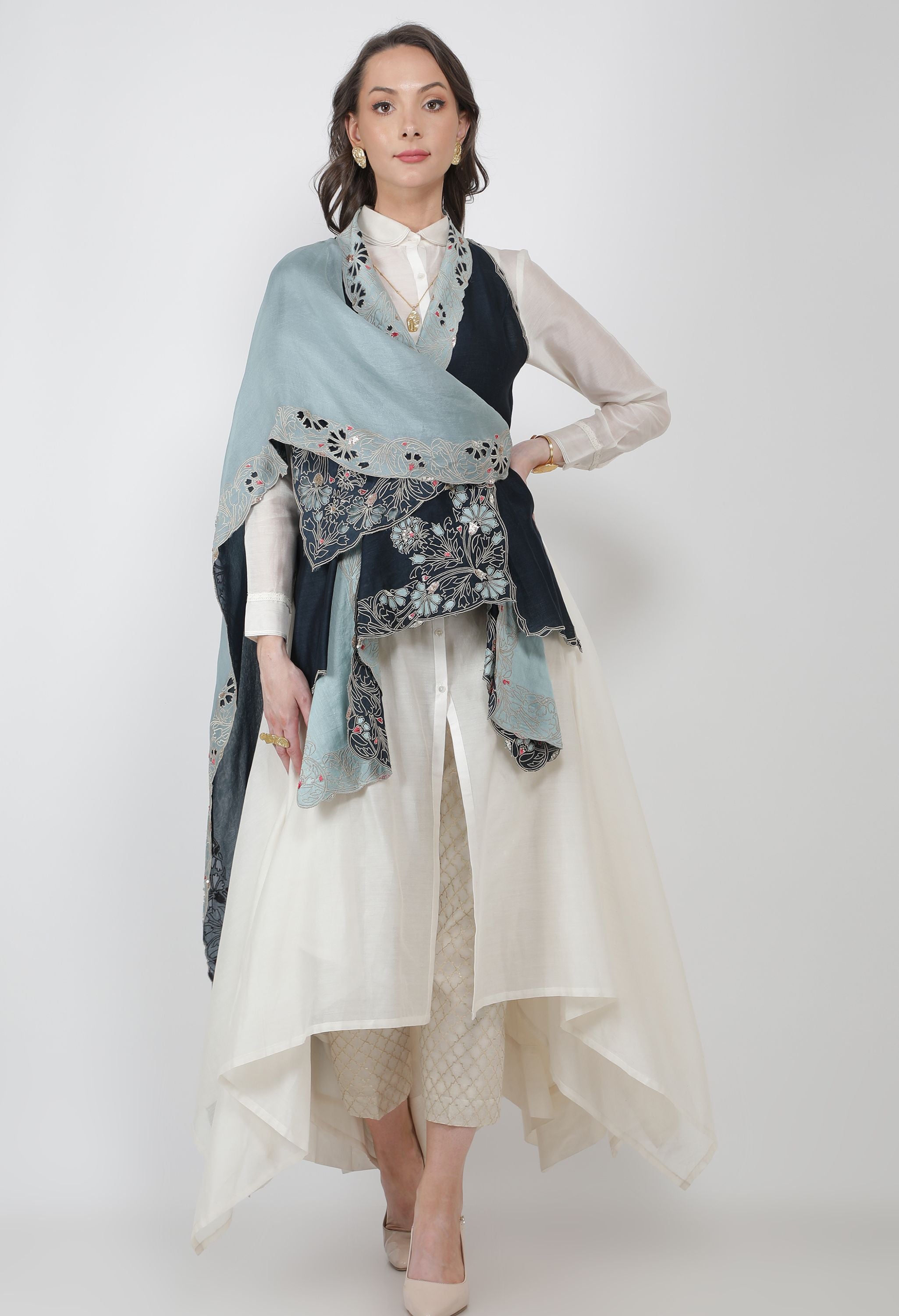 RACER BACK EMB DRAPED GILET WITH LONG SHIRT AND PANTS