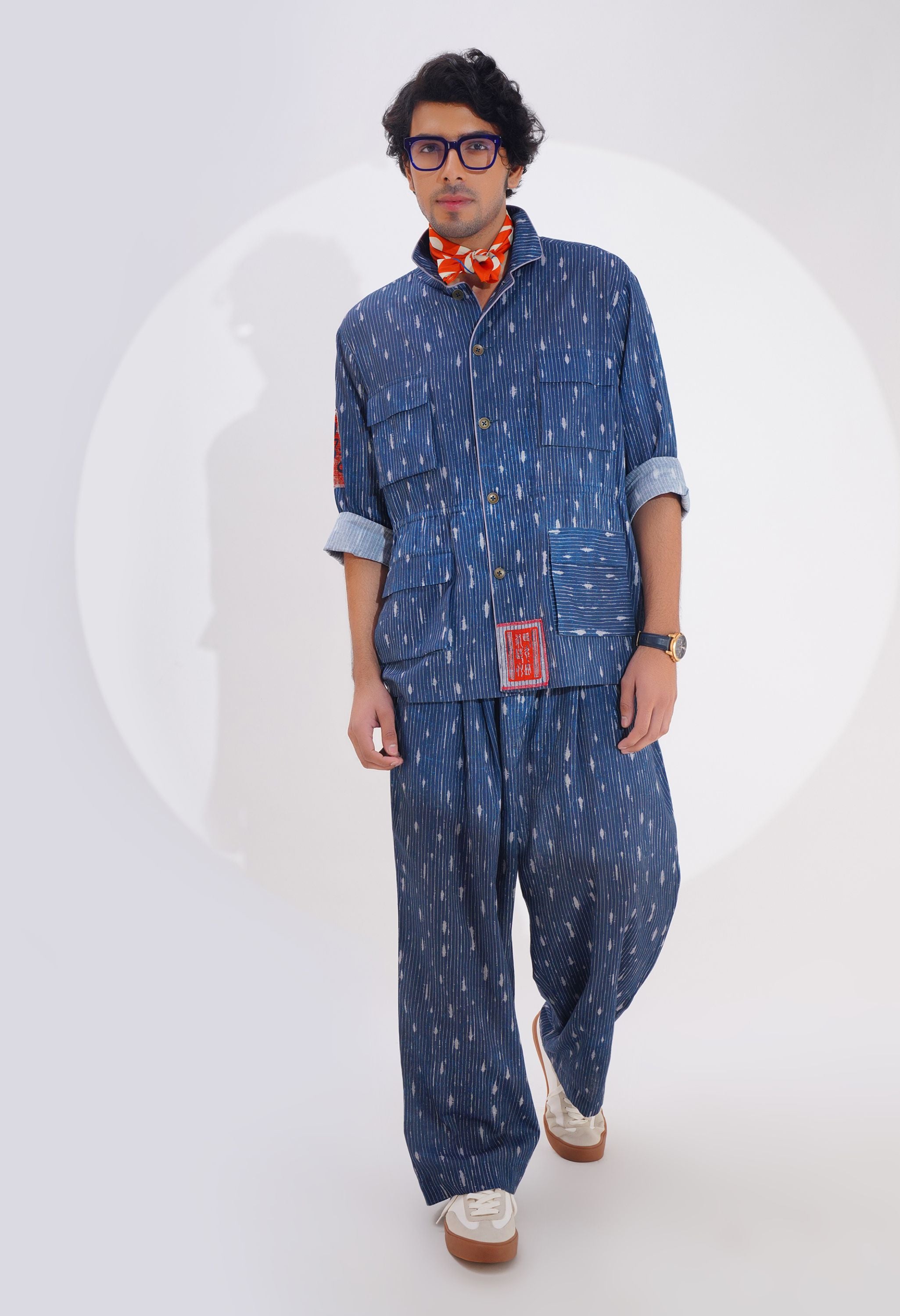 BLUE LINEN PRINTED STRIPE BUTTON DOWN SHIRT AND PANT SET
