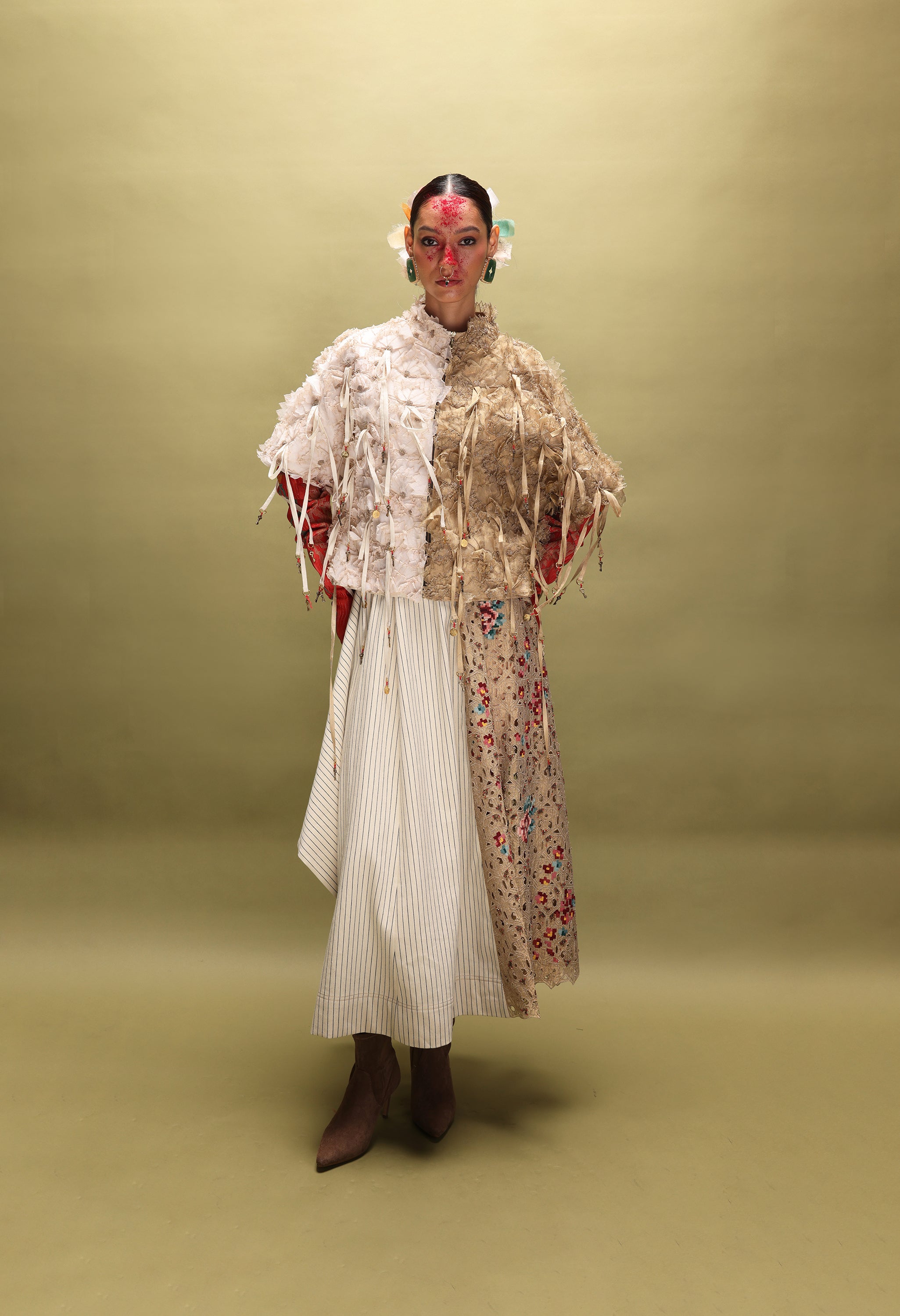 3D FLORAL DUAL COLOR JACKET WITH STRIPED DENIM AND EMB GOLD PANELLED SKIRT
