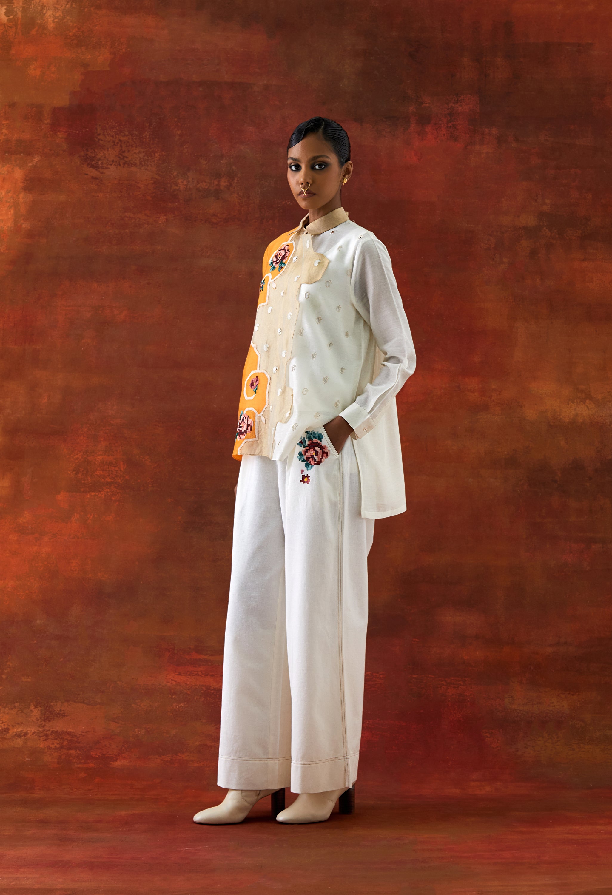 EMB TRI COLOR SHIRT WITH FLARED PANTS