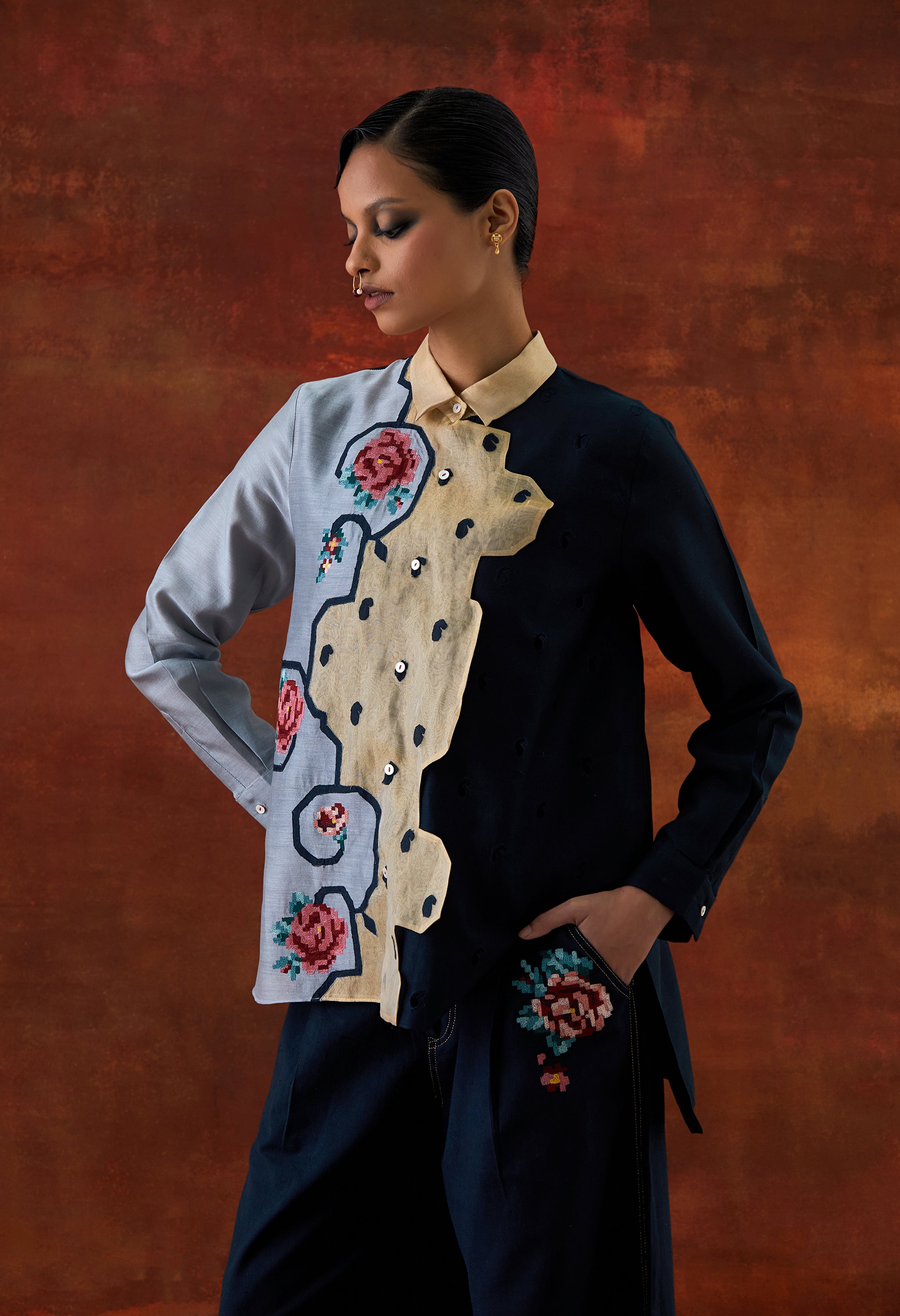 EMB TRI COLOR SHIRT WITH FLARED PANTS