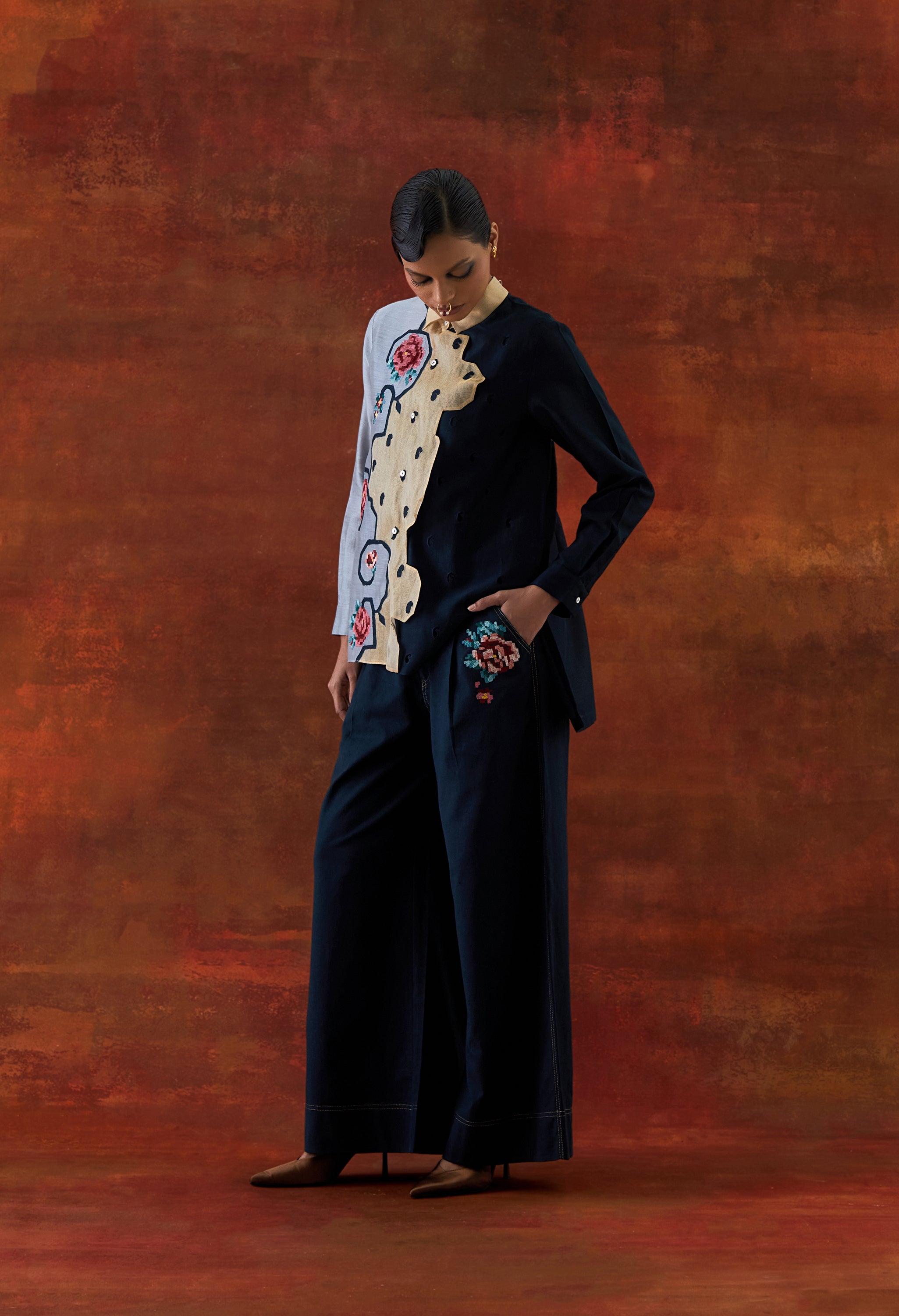 EMB TRI COLOR SHIRT WITH FLARED PANTS