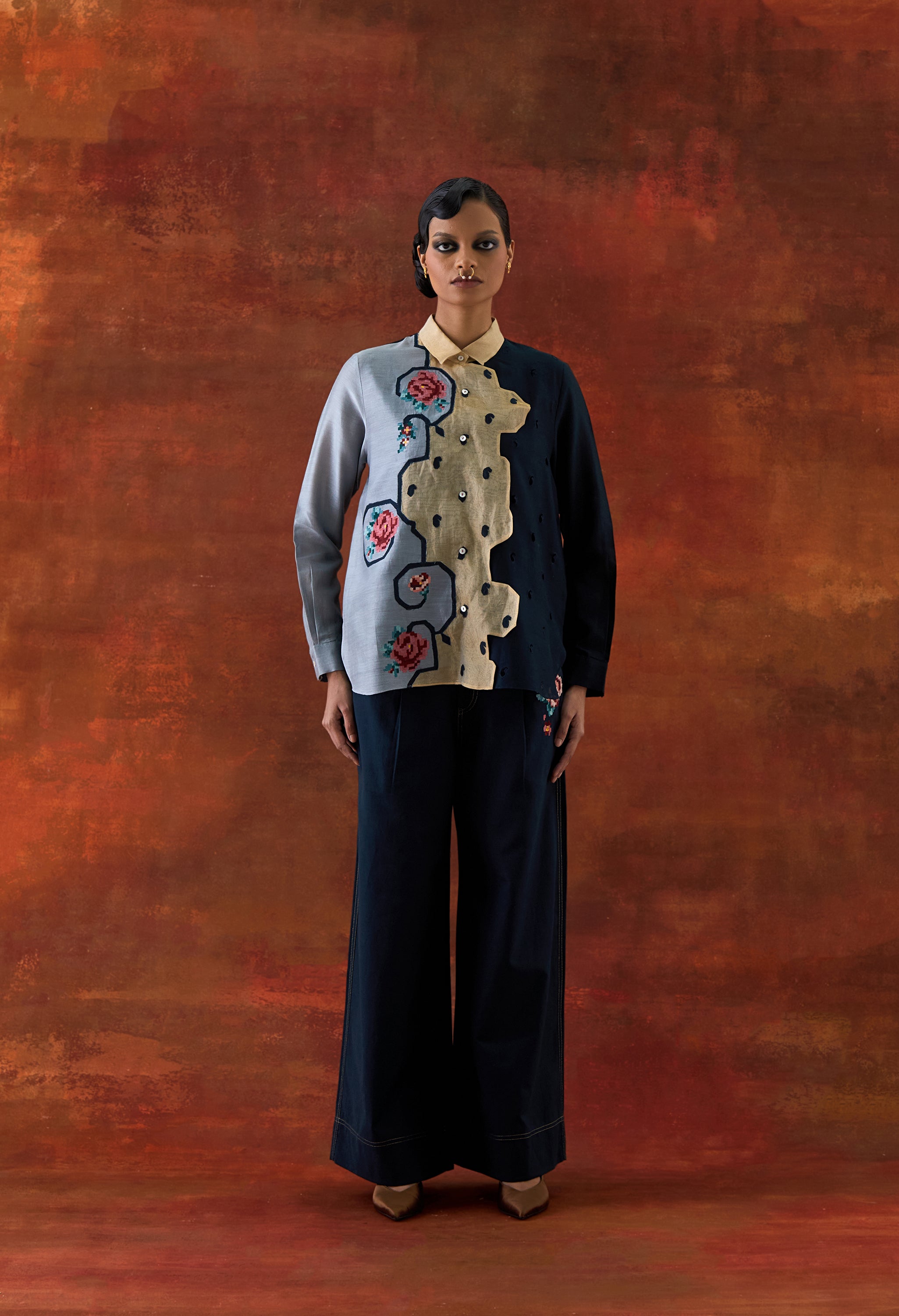 EMB TRI COLOR SHIRT WITH FLARED PANTS