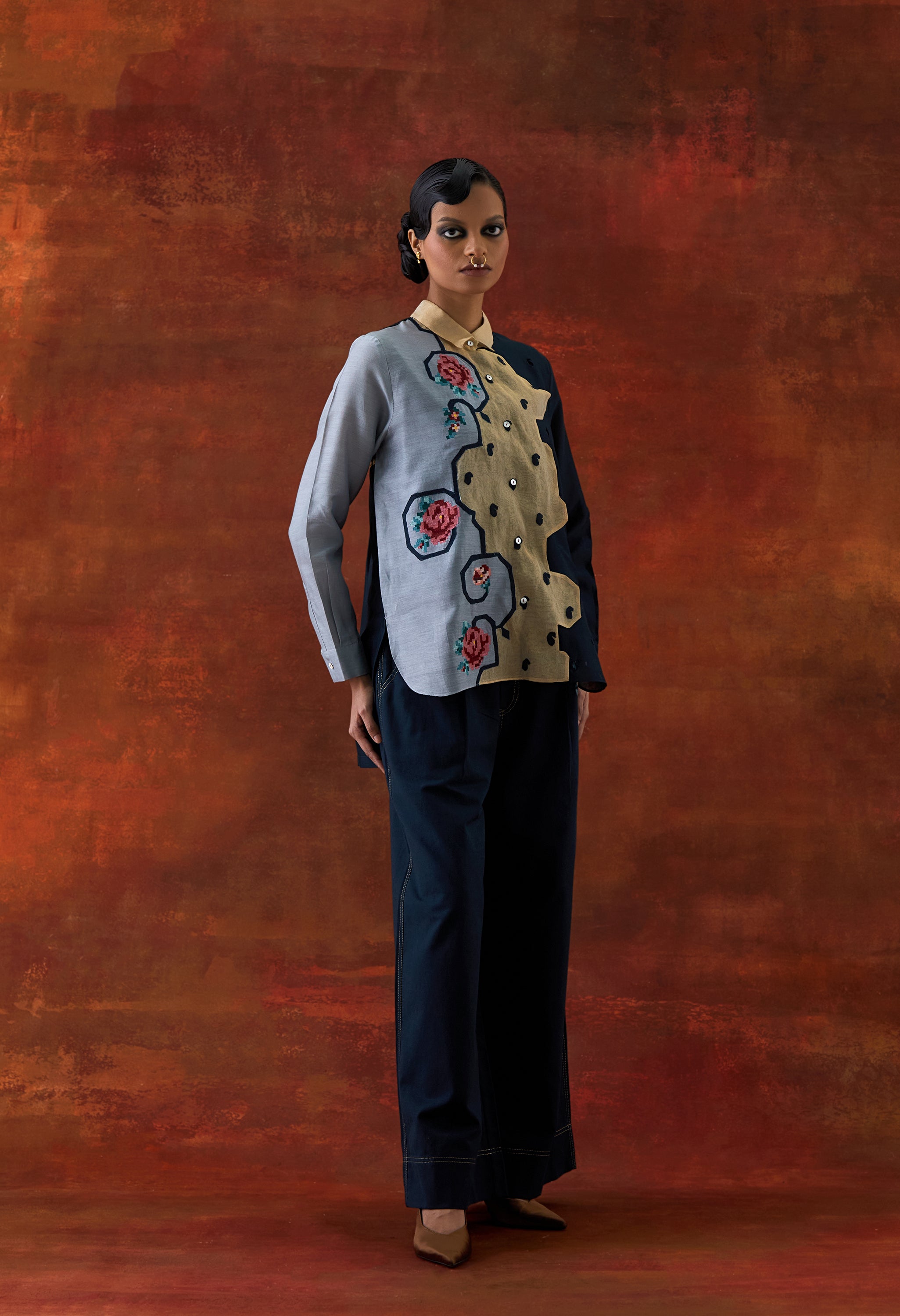 EMB TRI COLOR SHIRT WITH FLARED PANTS